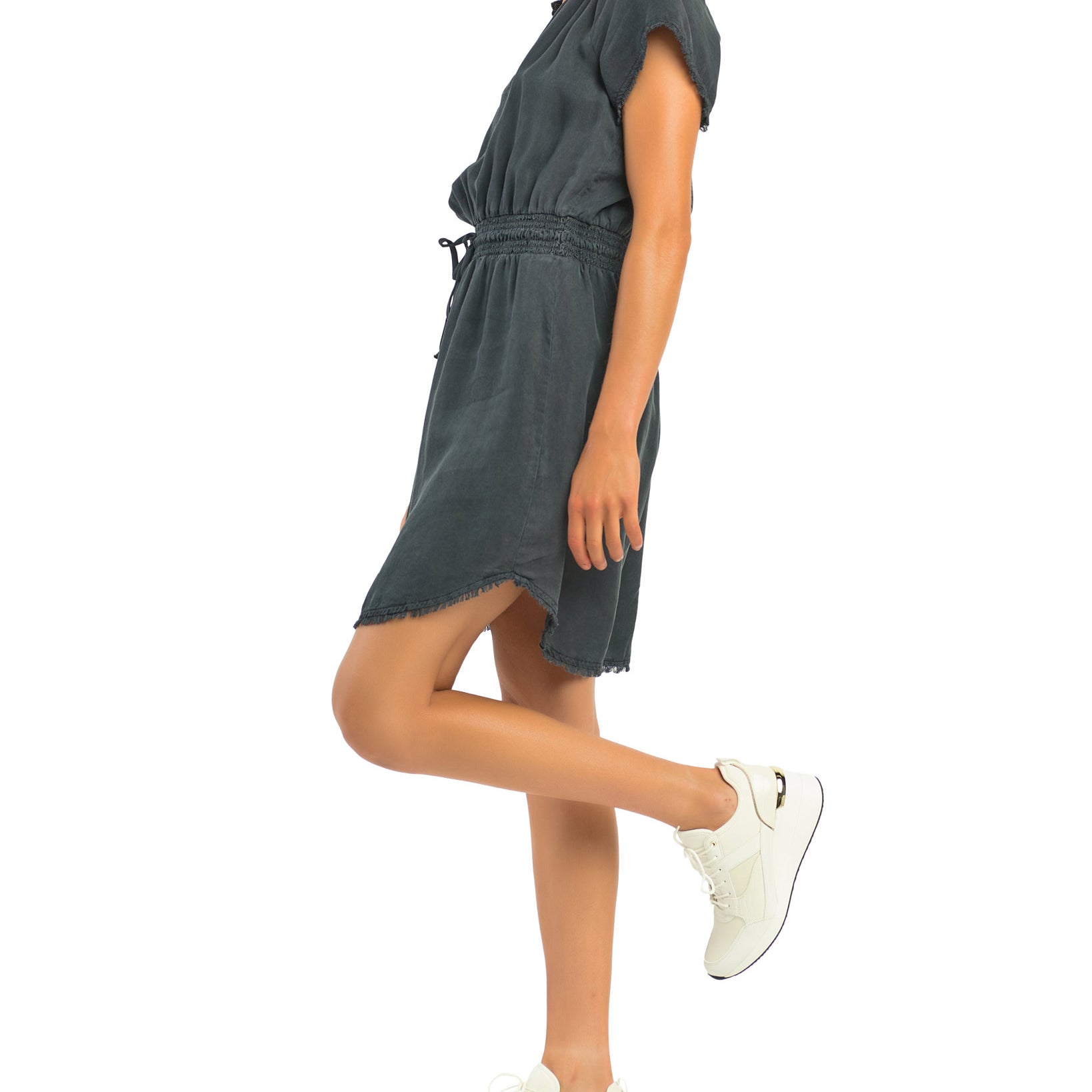 Black Tape Women Elastic Waist Frayed Hem Dress