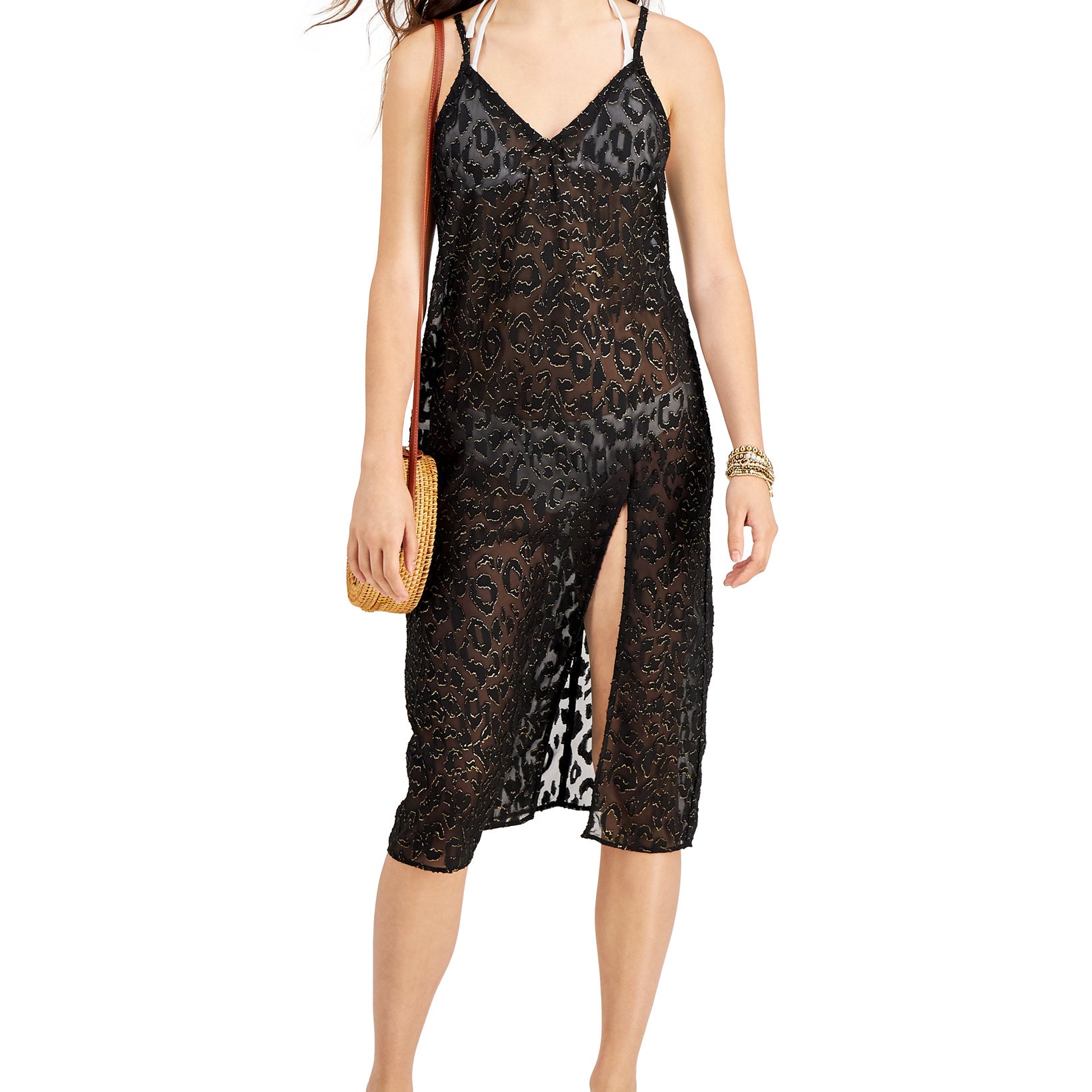 Miken Women Lurex Animal Print Midi Cover Up Dress Black Cavier