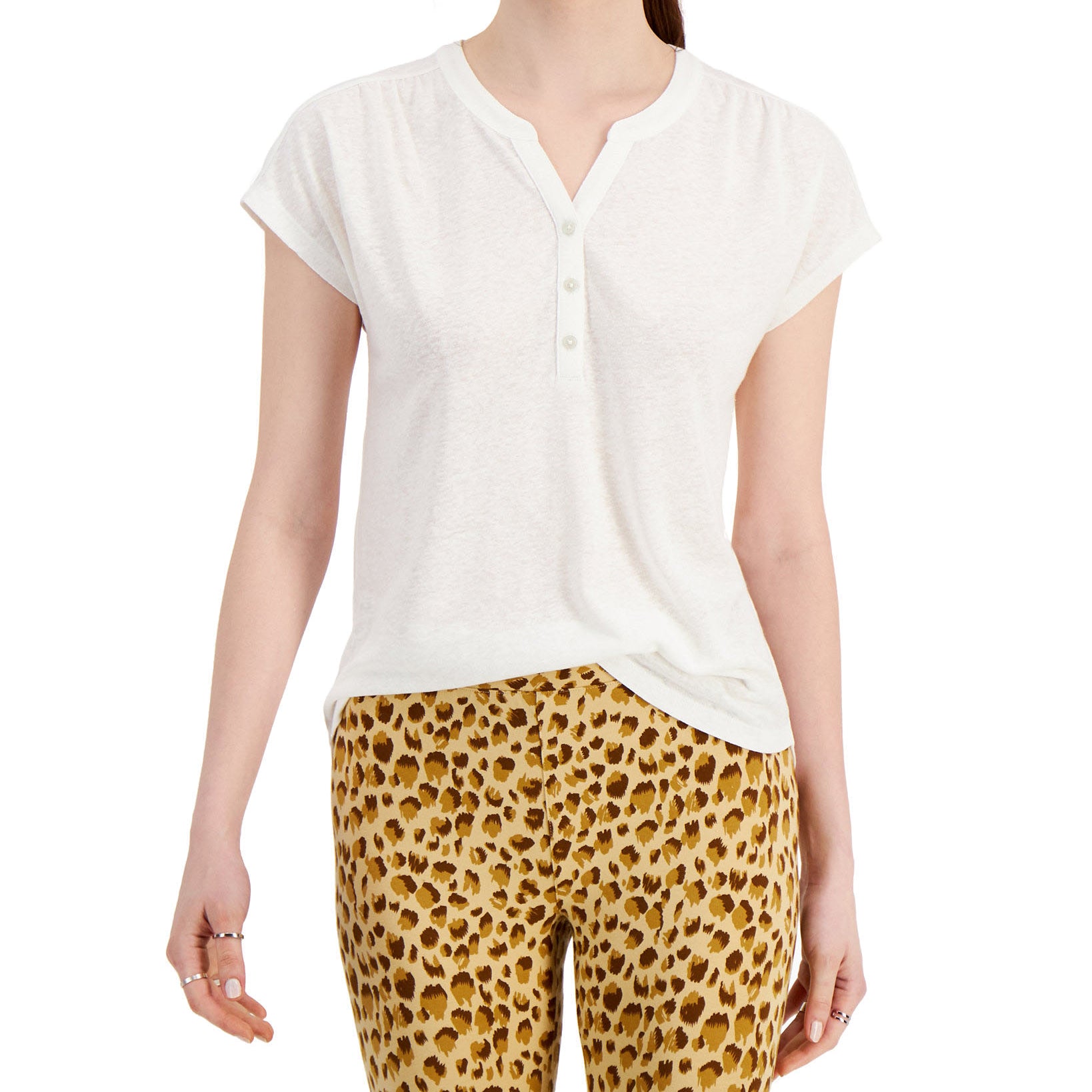 Style & Co Women Dolman Sleeve Henley Linen Blend Top Winter White