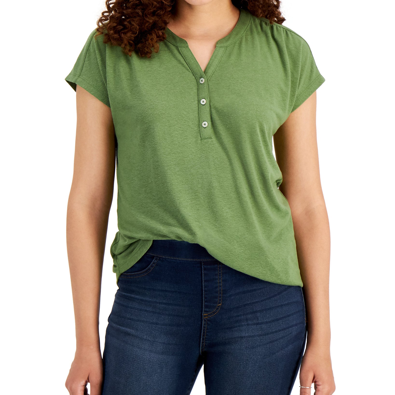 Style & Co Women Dolman Sleeve Henley Linen Blend Top Vine Green