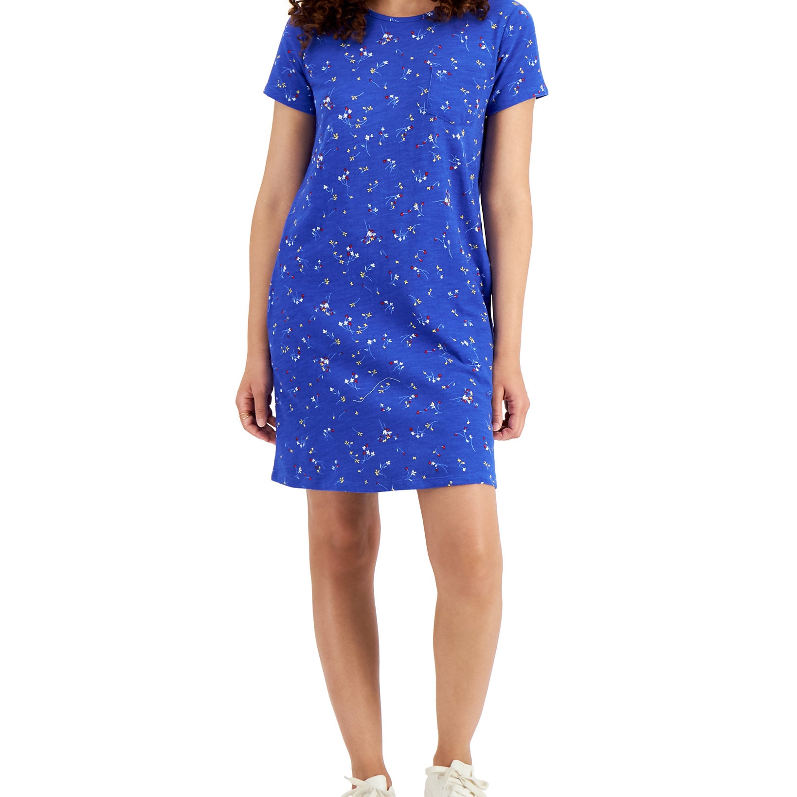 Style & Co Women Petite Cotton Print T Shirt Dress Deep Cobalt