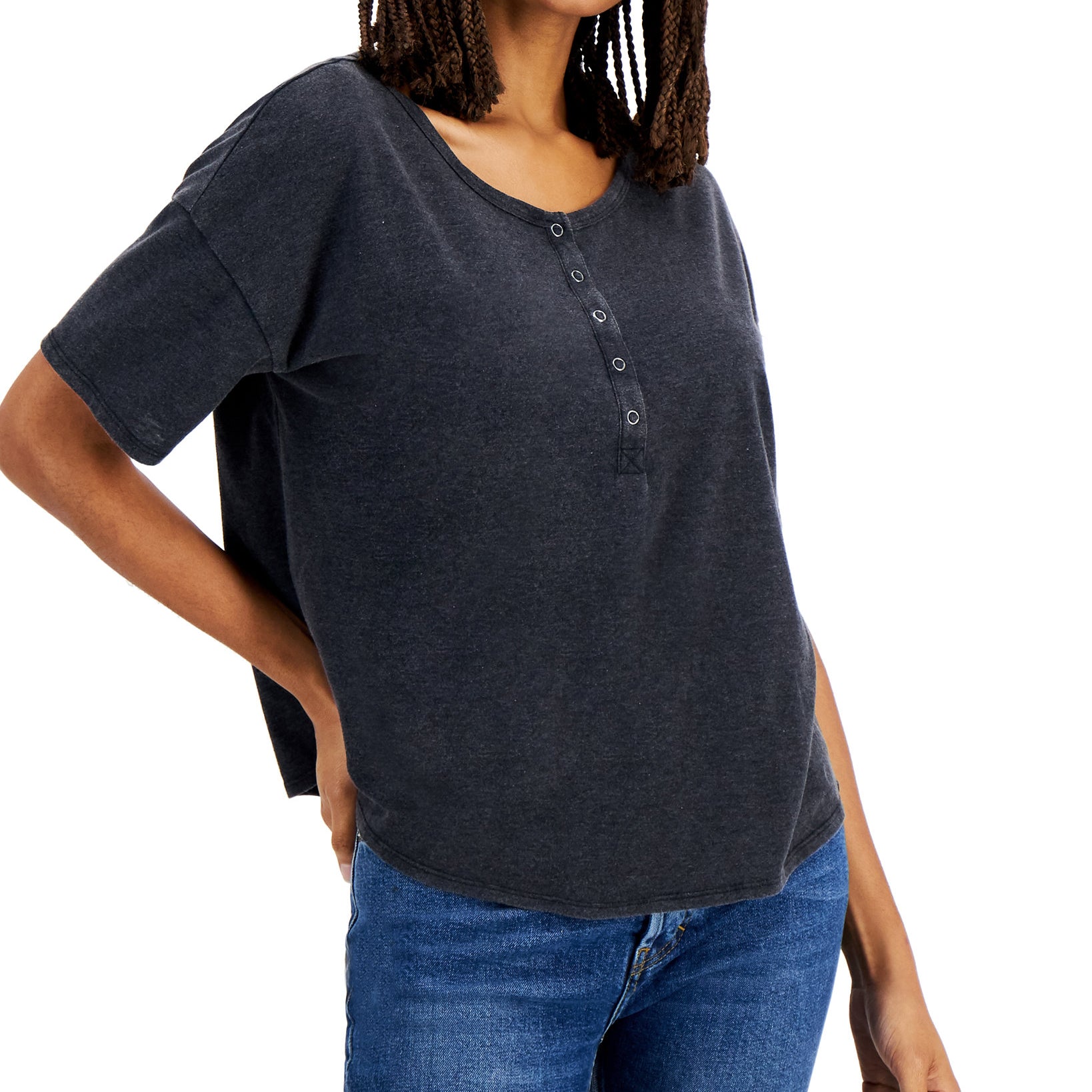 Hippie Rose Women Buttoned Neck Top Black