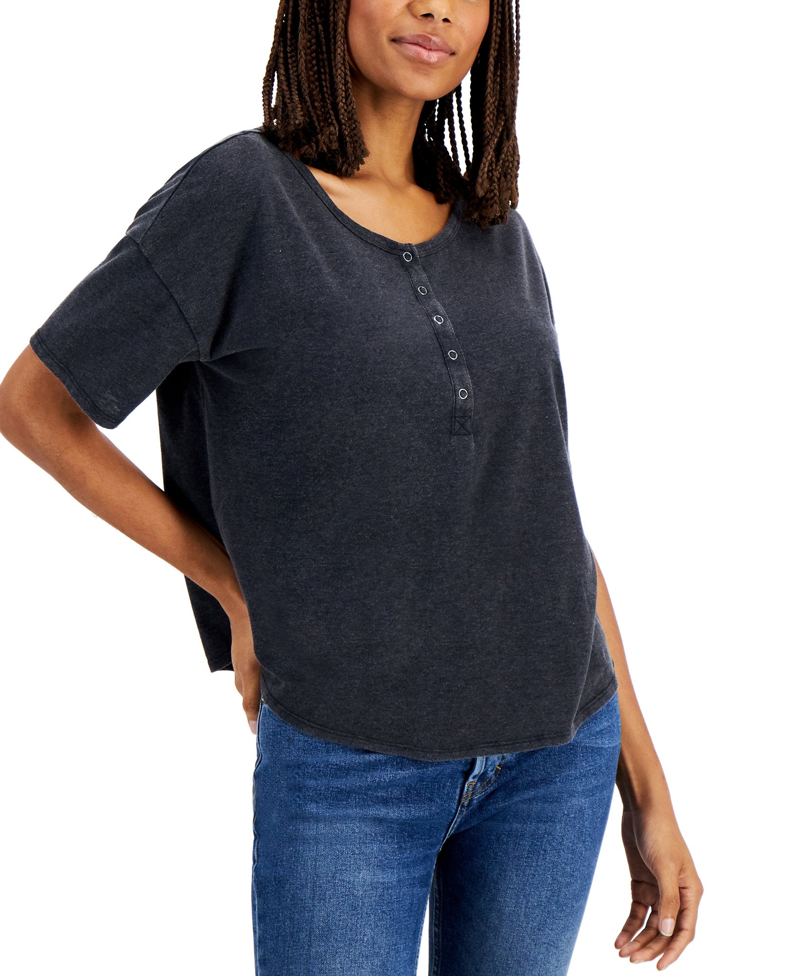 Hippie Rose Women Buttoned Neck Top Black