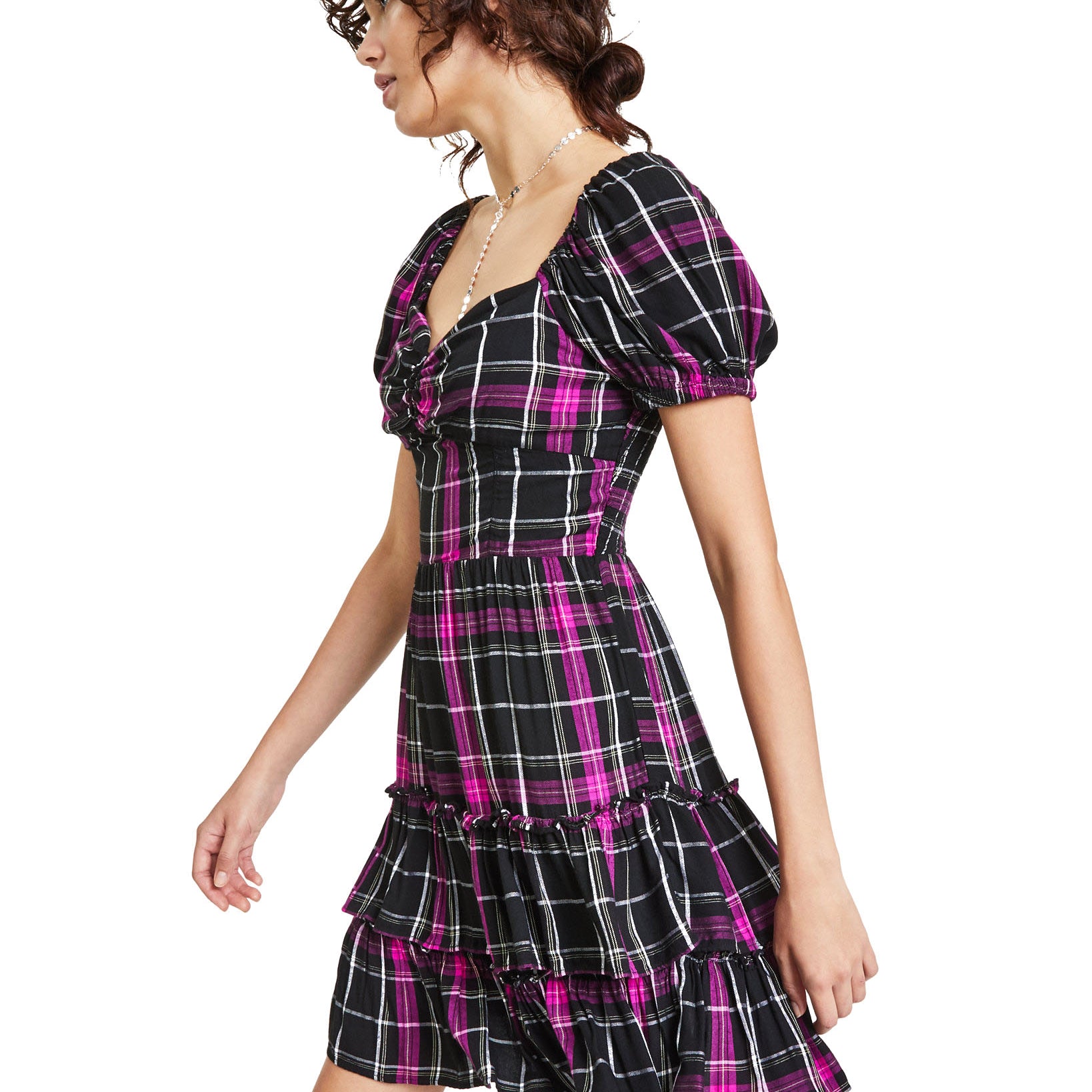 Bar III Women Puff Sleeve Plaid Mini Dress