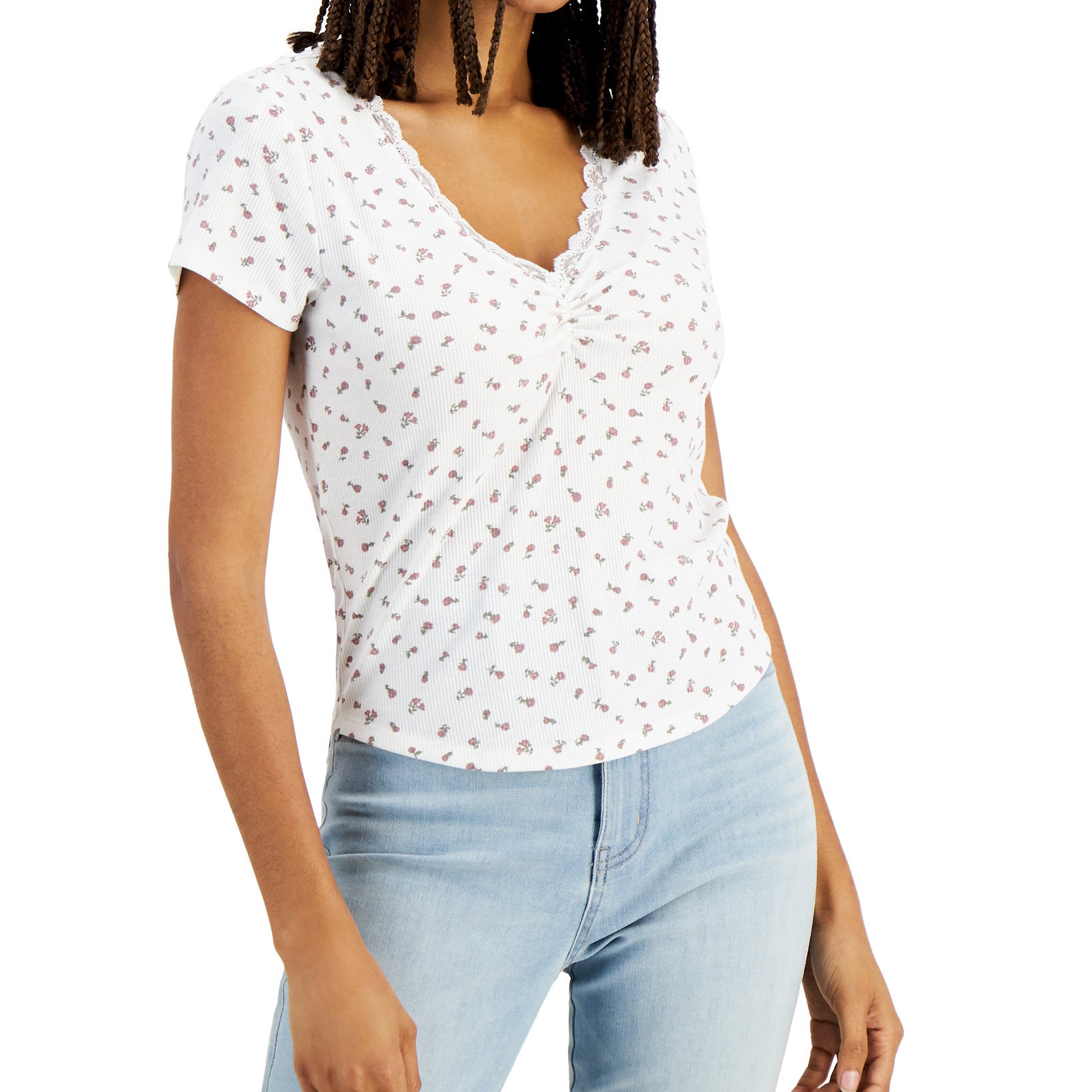 Hippie Rose Women Lace Trim Ribbed Top Ivory Floral