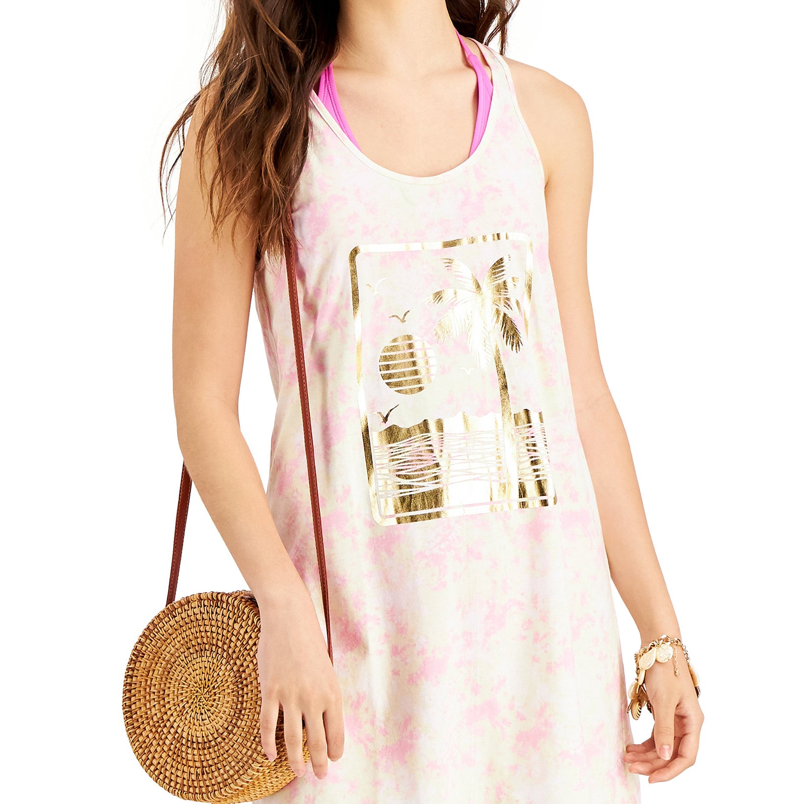 Miken Women Tie Dyed Graphic Print Cotton Cover Up Dress Prisim Pink