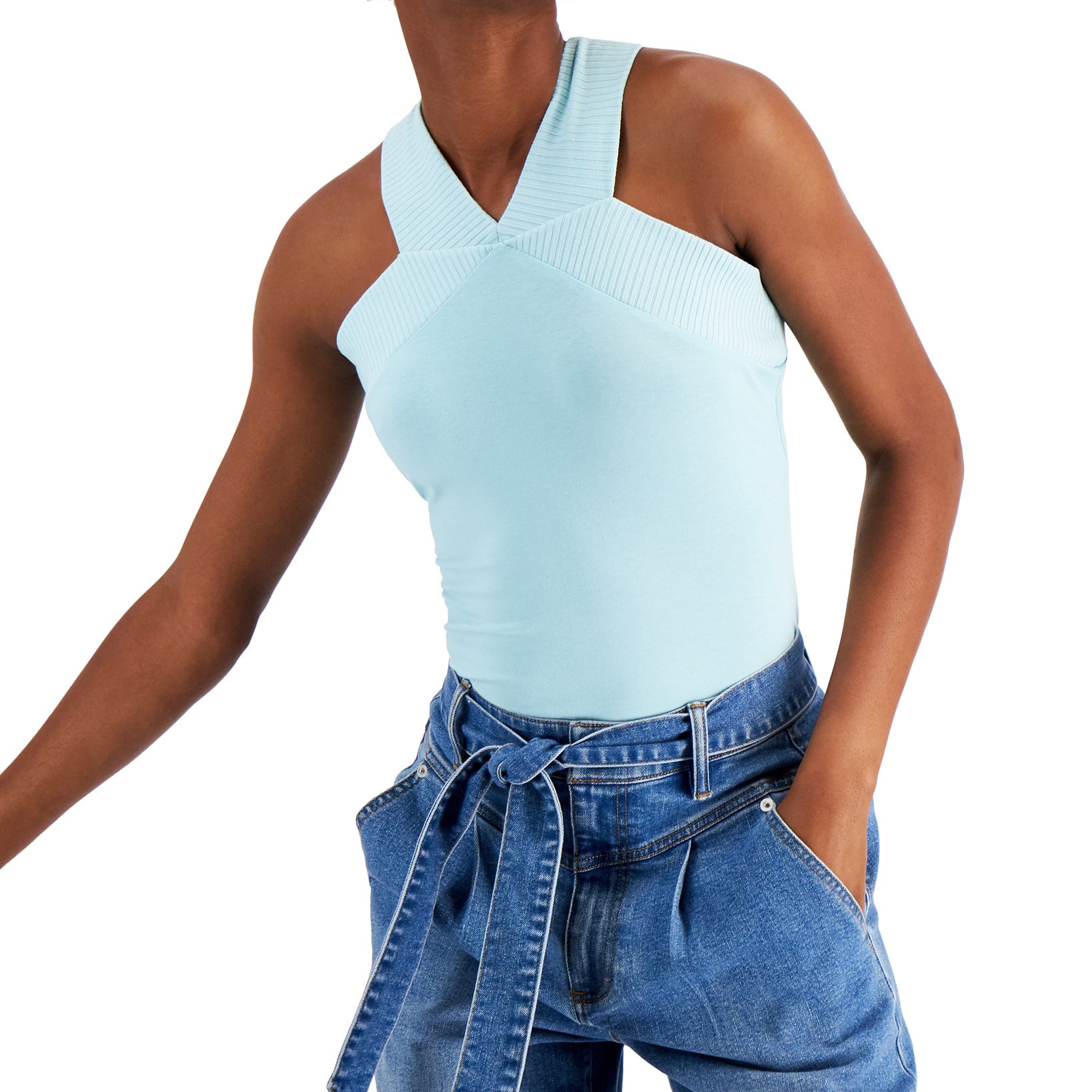 INC International Concepts Women Cotton Ribbed Trim V Neck Top