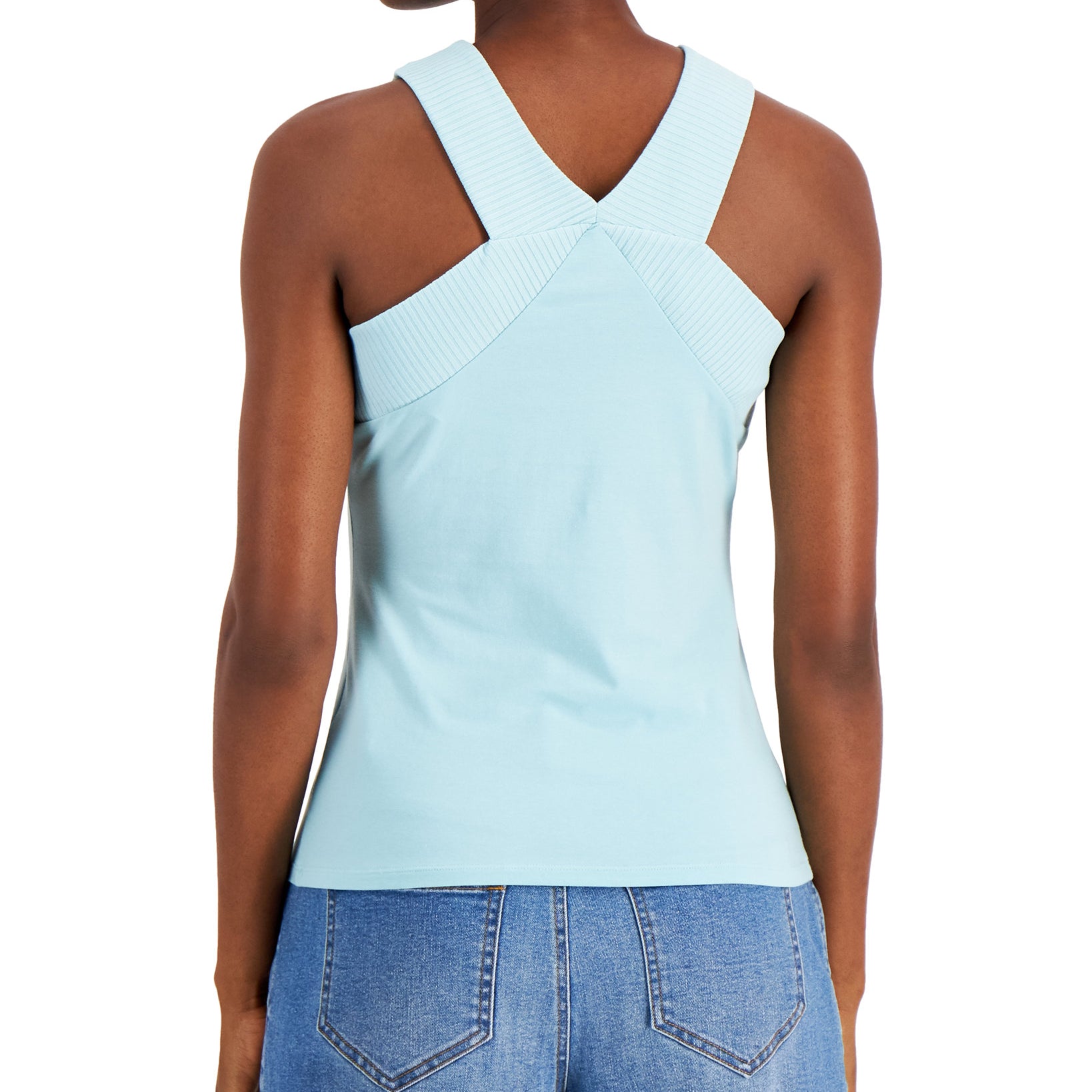 INC International Concepts Women Cotton Ribbed Trim V Neck Top