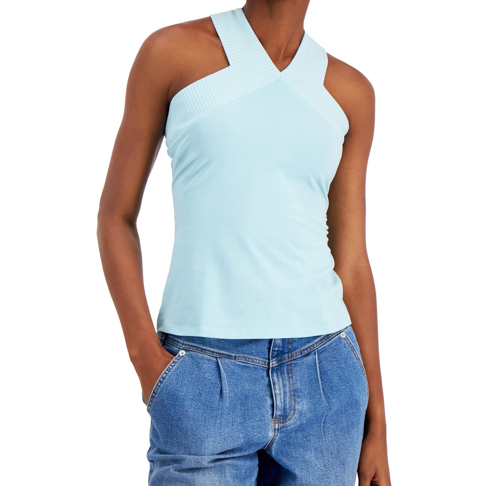 INC International Concepts Women Cotton Ribbed Trim V Neck Top Pastel Cloud