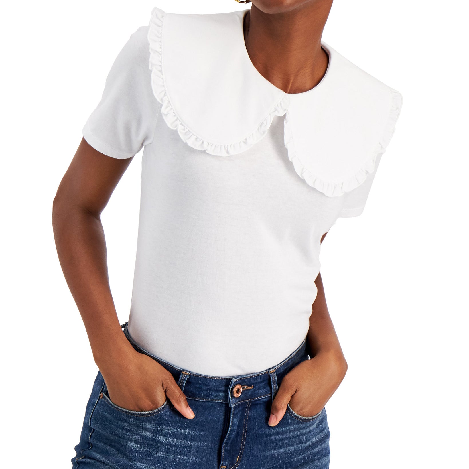 INC International Concepts Women Ruffled Collar T Shirt