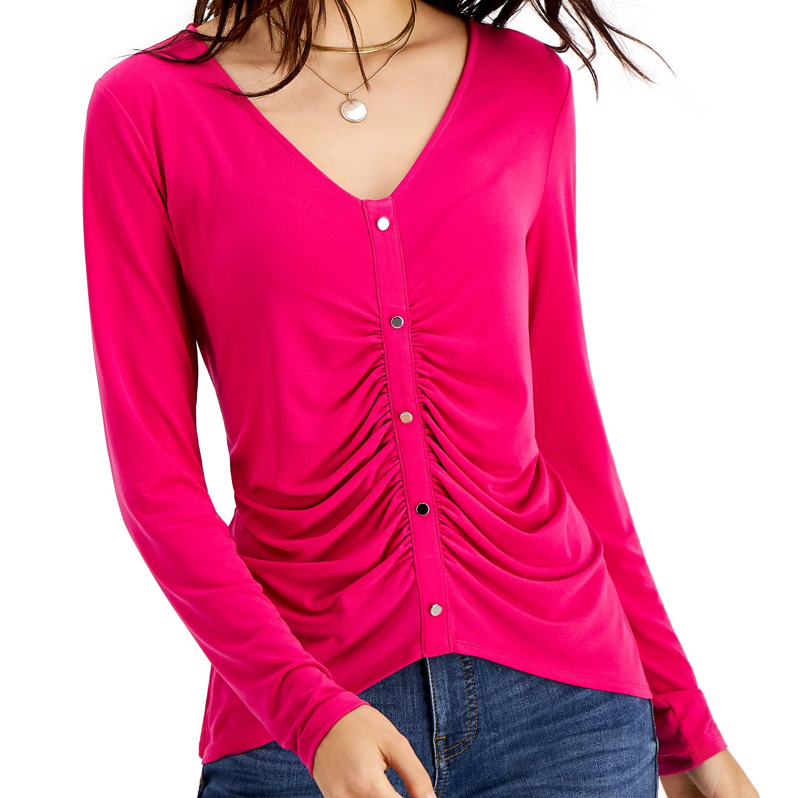 INC International Concepts Women Ruched Button Down Top Pink Tutu