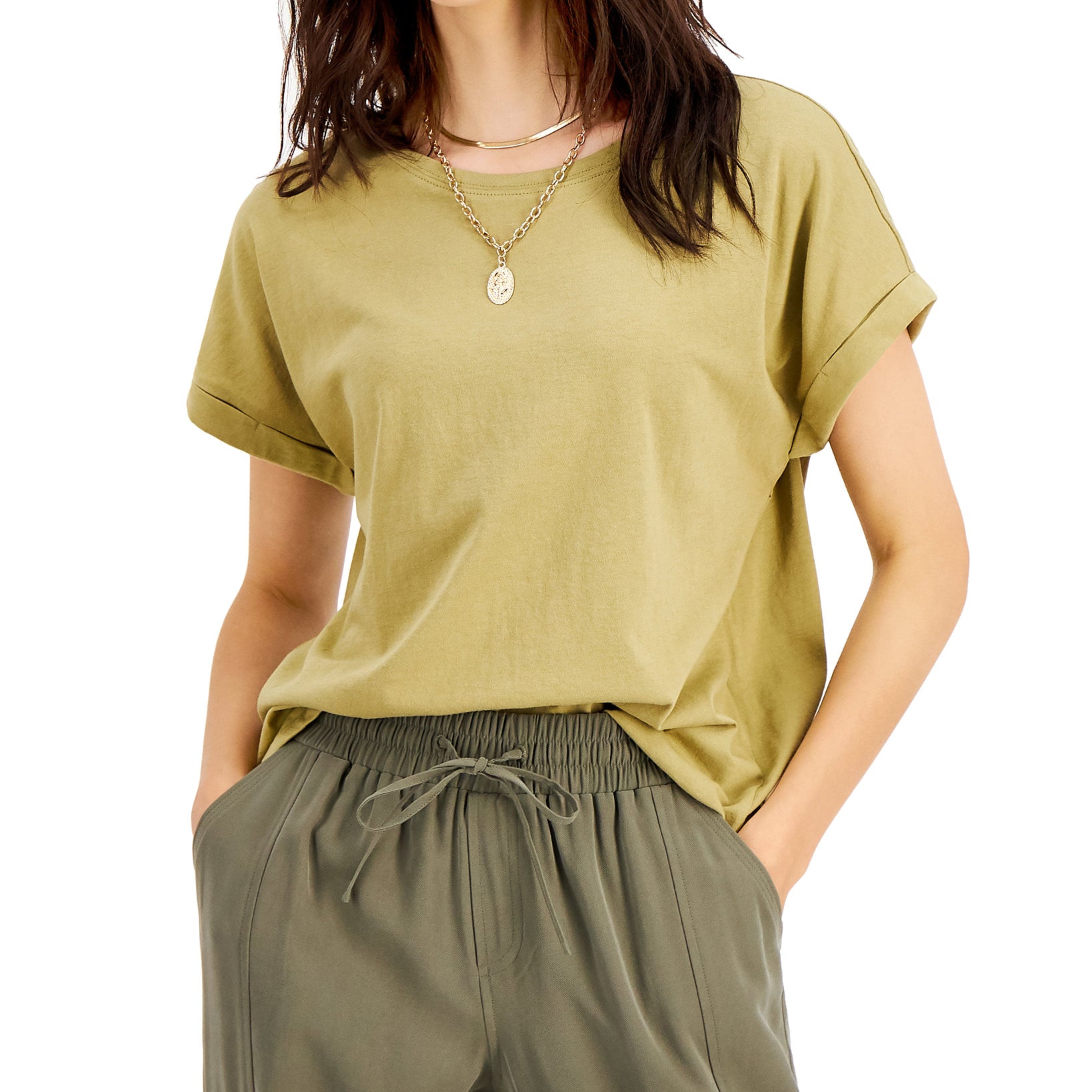 INC International Concepts Women Boxy Crewneck T Shirt Mountain Moss