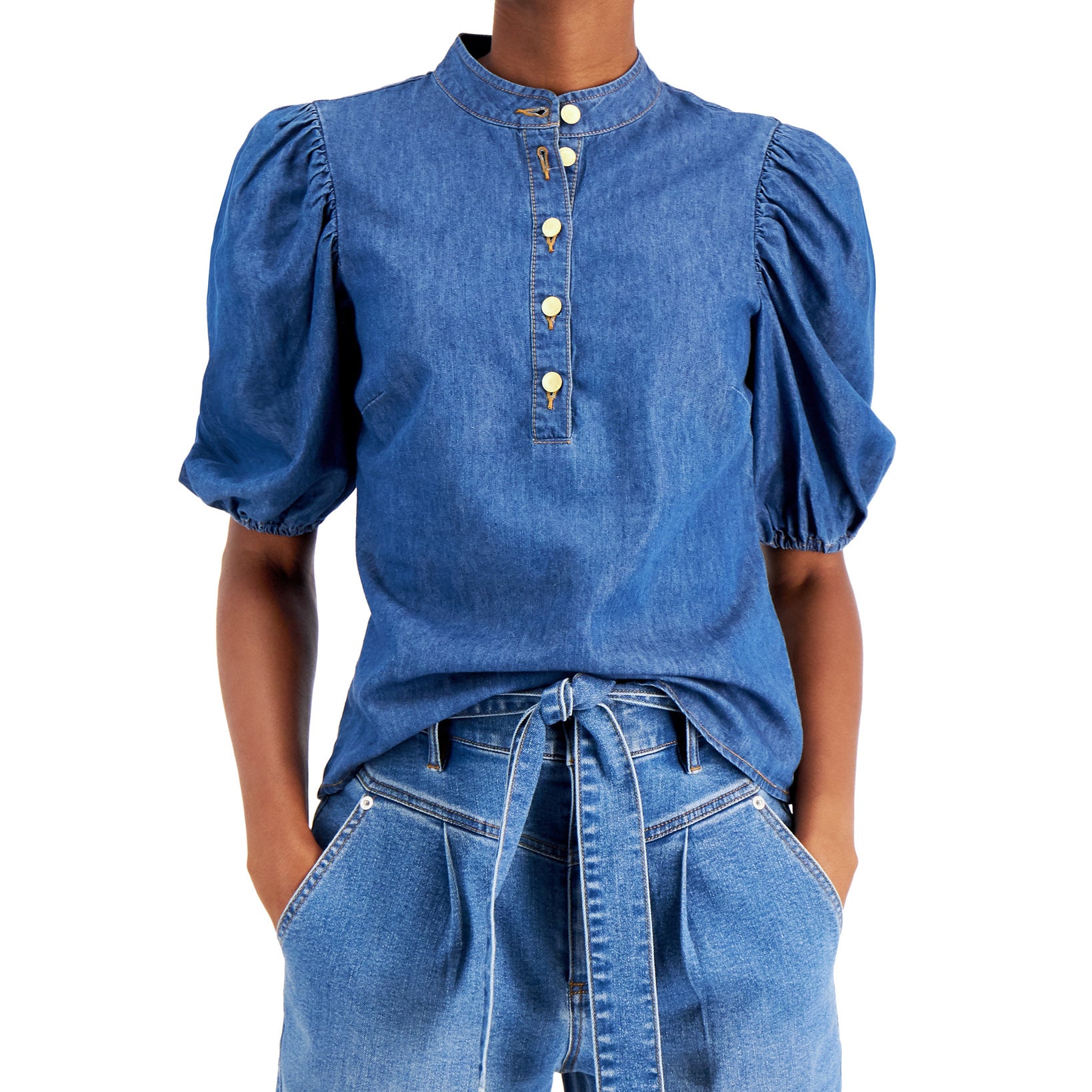 INC International Concepts Women Denim Puff Sleeve Top Medium Indigo