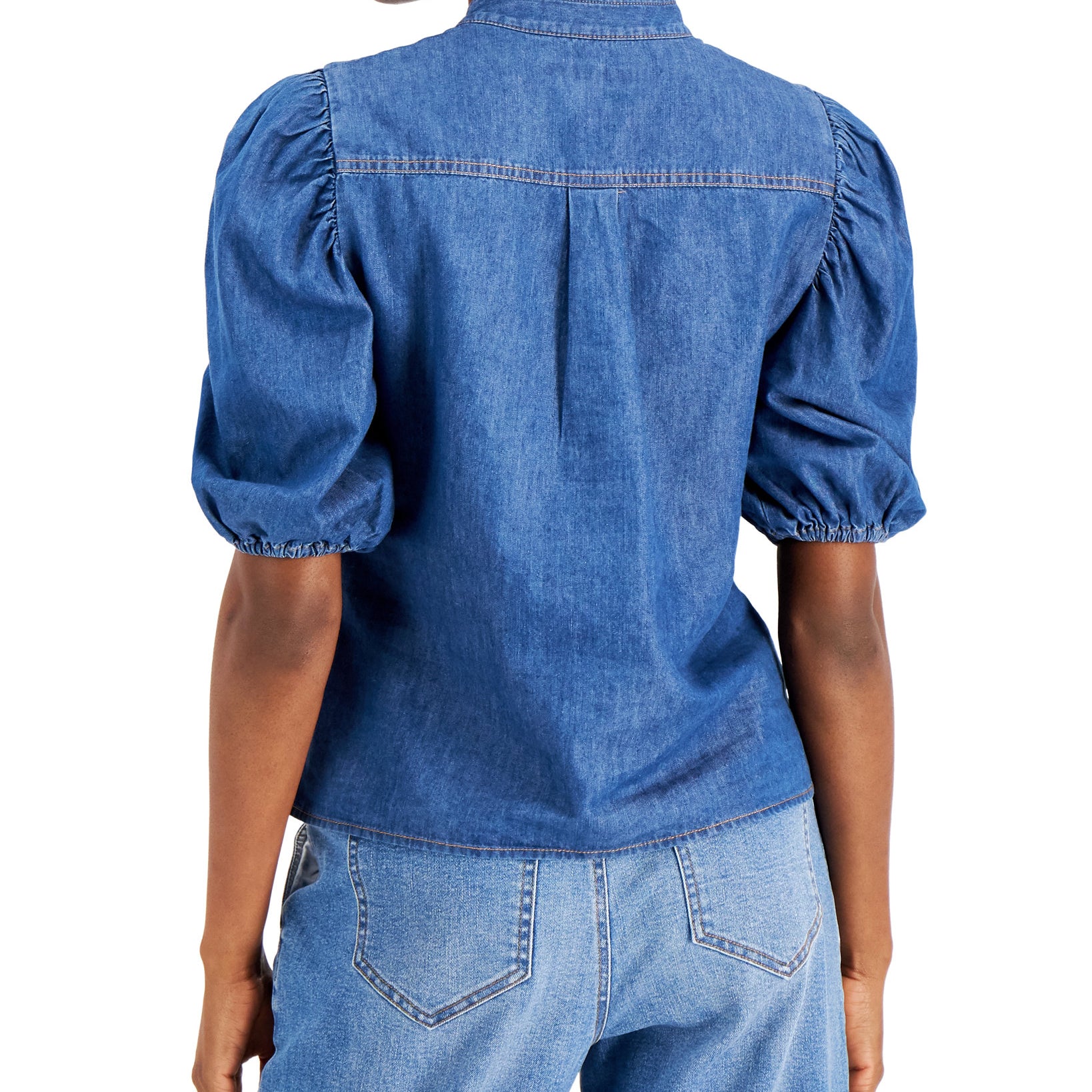 INC International Concepts Women Denim Puff Sleeve Top