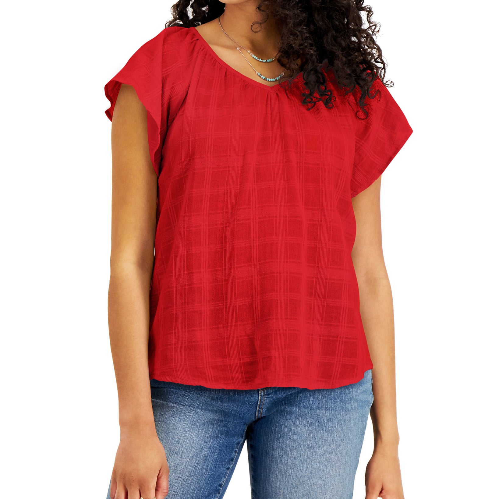 Style & Co Women Solid Flutter Sleeve V Neck Top Loving Red