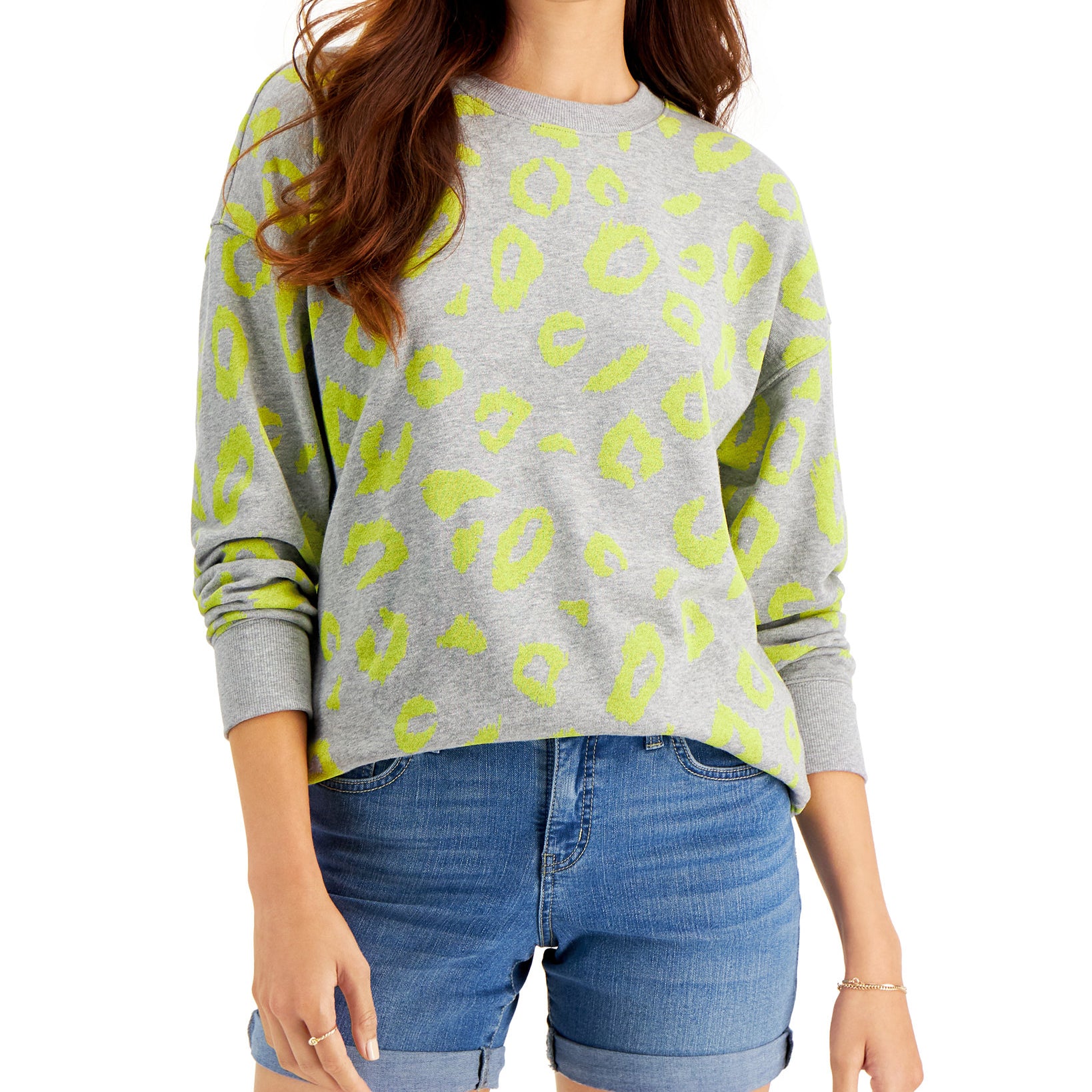 Style & Co Women Animal Print Sweatshirt Lightest Lime