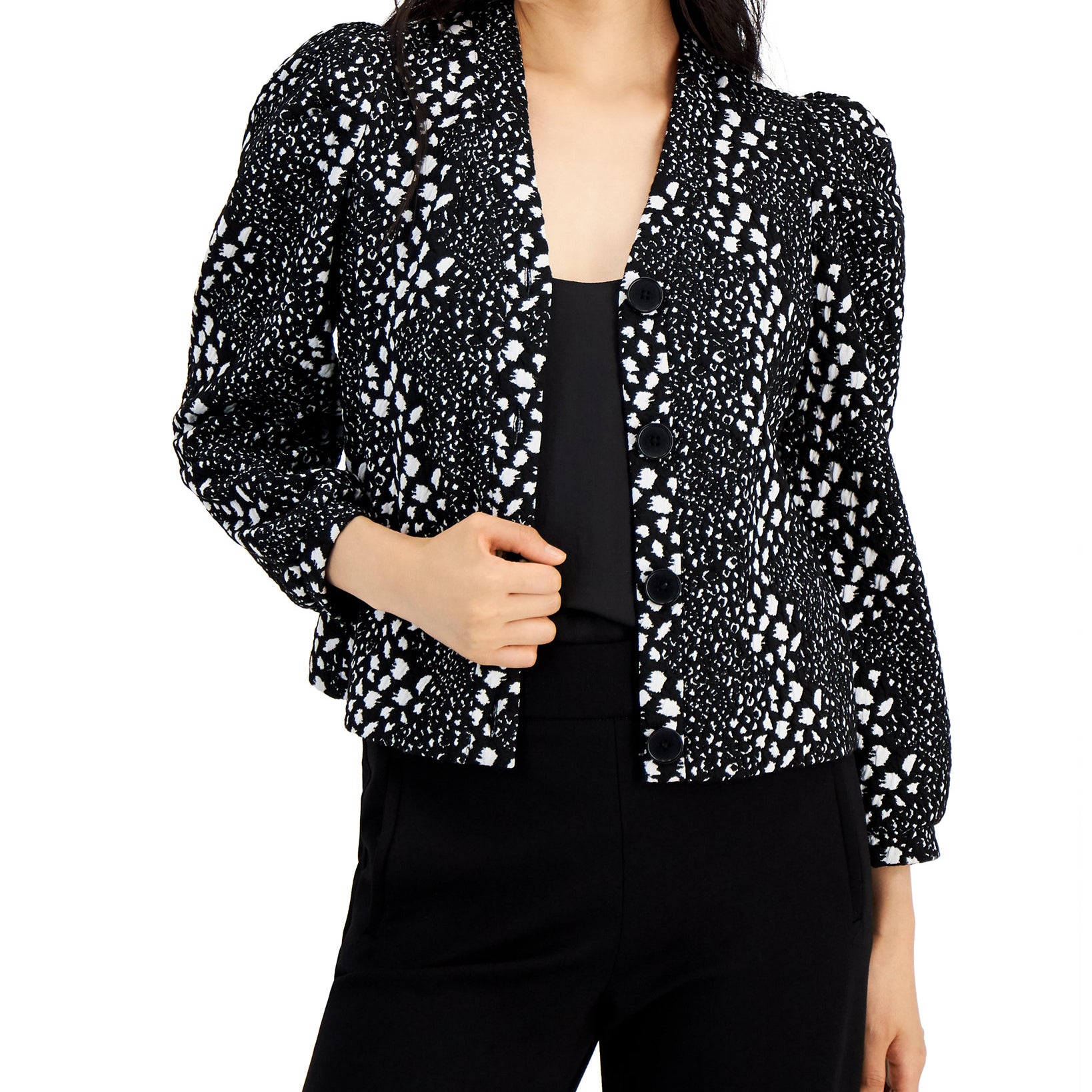 Bar III Women Animal Print Button Front Shirt Jacket Black White