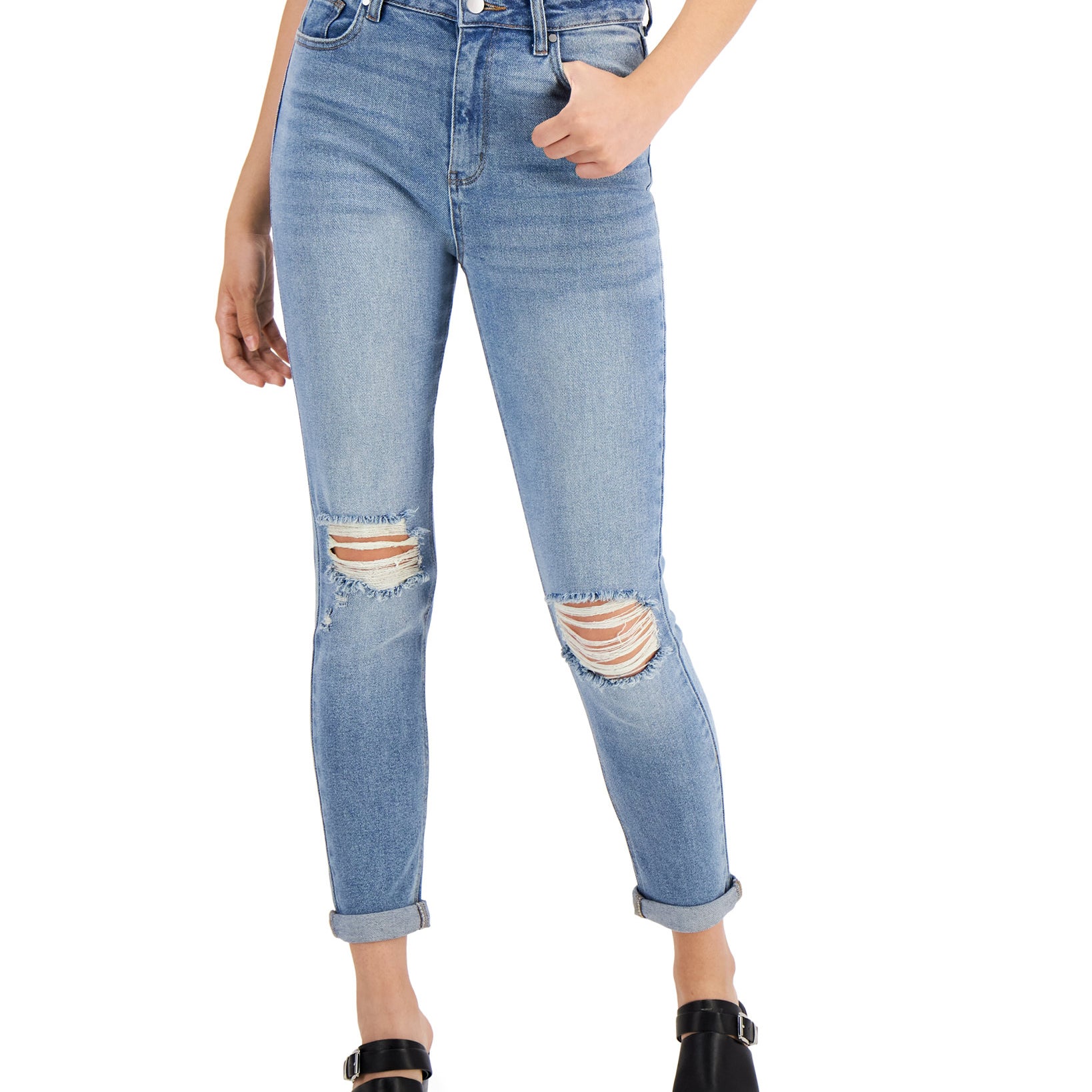 Tinseltown Women Distressed Rolled Cuff Mom Jeans Arctic Wash