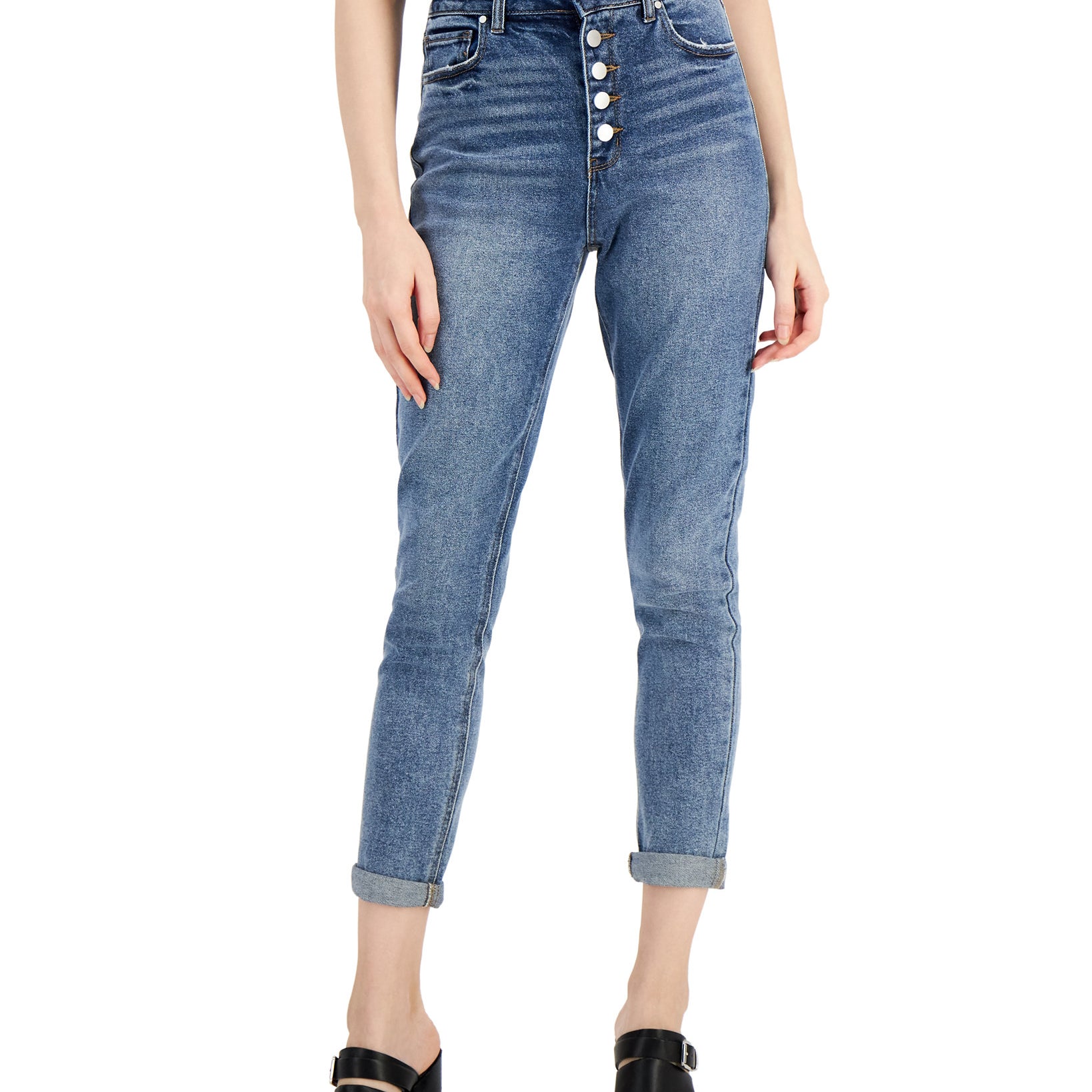 Tinseltown Women Cuffed Exposed Button Mom Jeans Sinner Wash