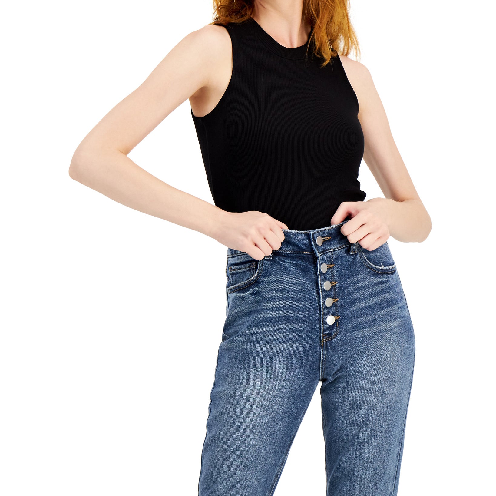 Tinseltown Women Cuffed Exposed Button Mom Jeans