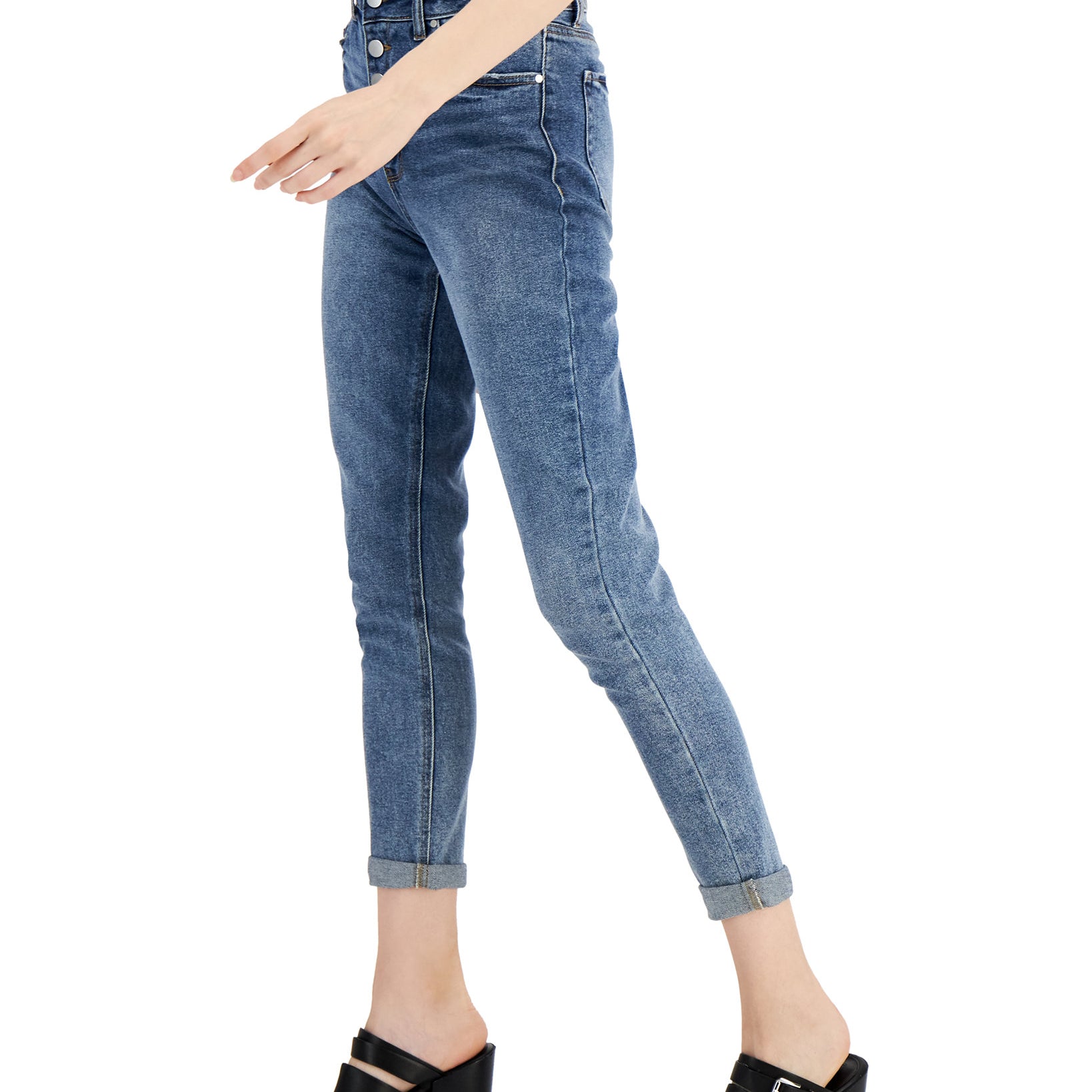 Tinseltown Women Cuffed Exposed Button Mom Jeans