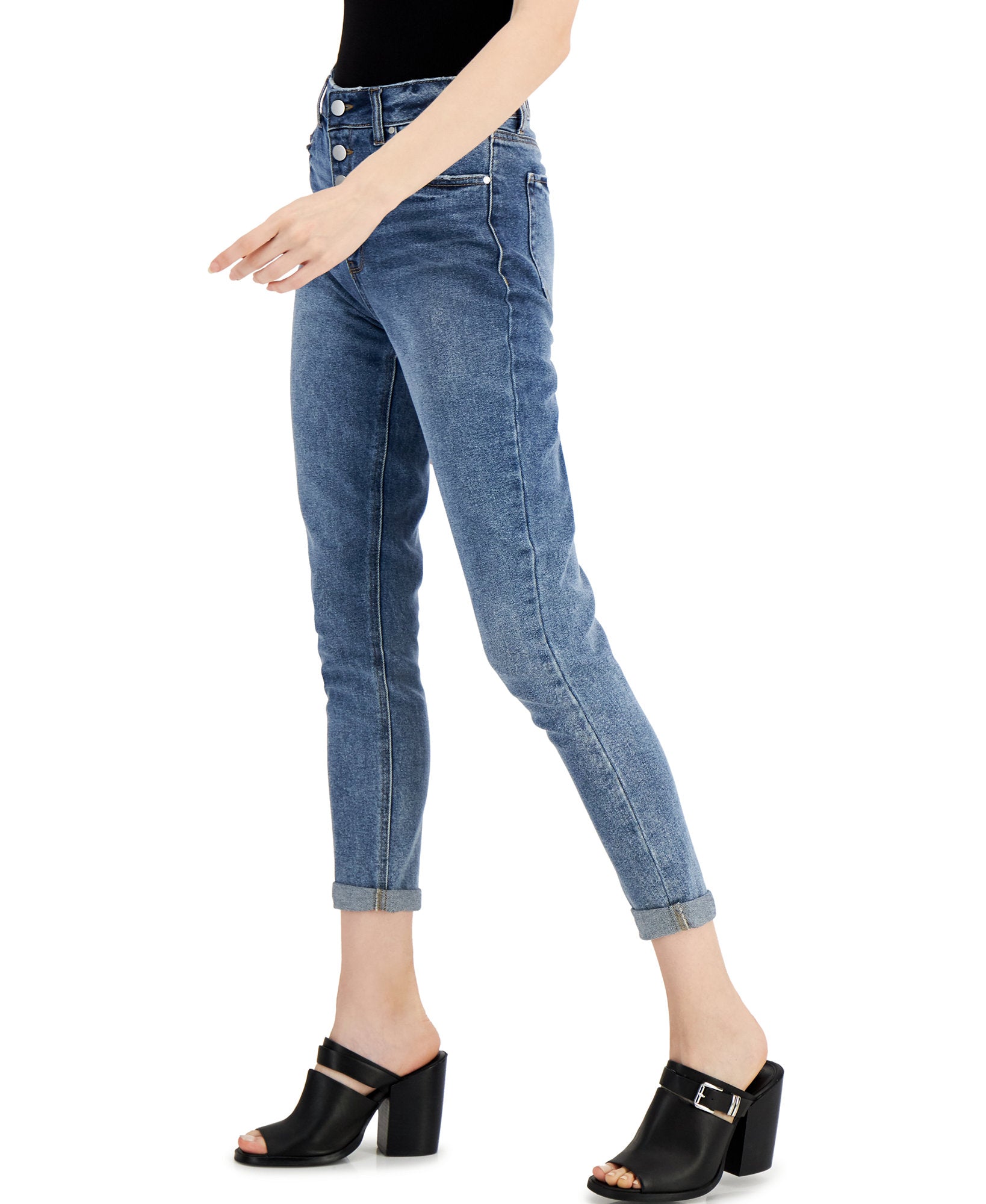 Tinseltown Women Cuffed Exposed Button Mom Jeans