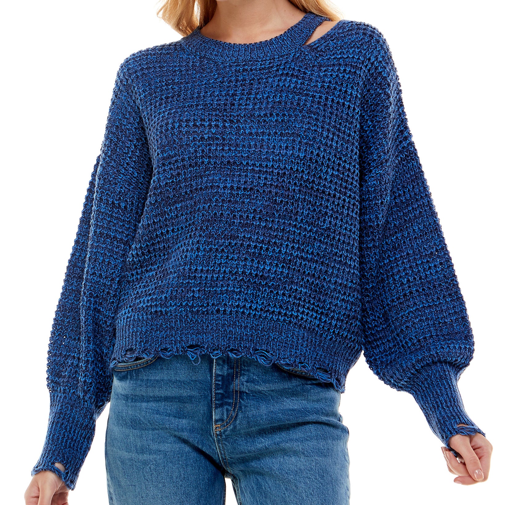 Ultra Flirt Women Destructed Cut Out Sweater Bijou Blue