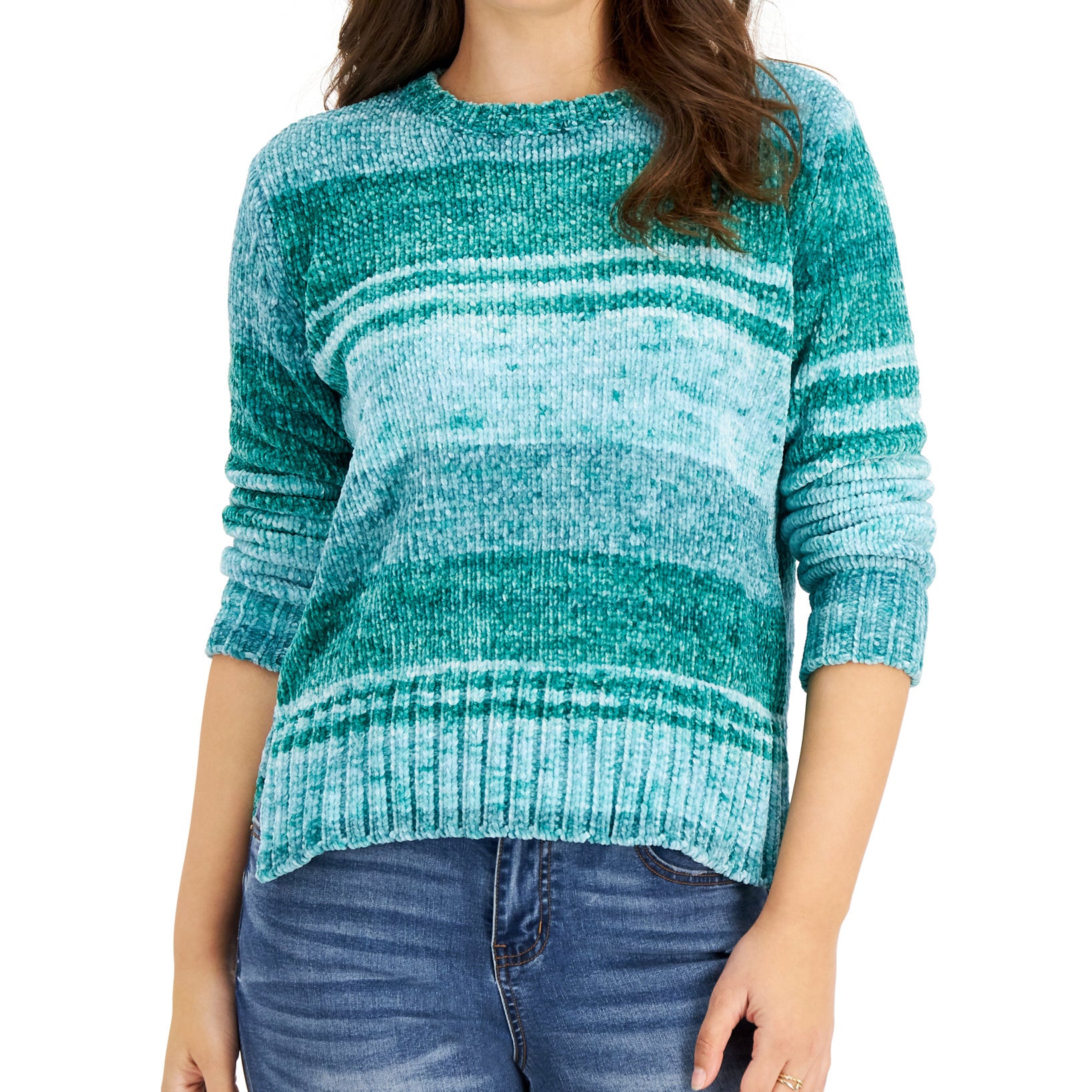 Style & Co Women Striped Space Dye Sweater Whimsy Aqua Blue