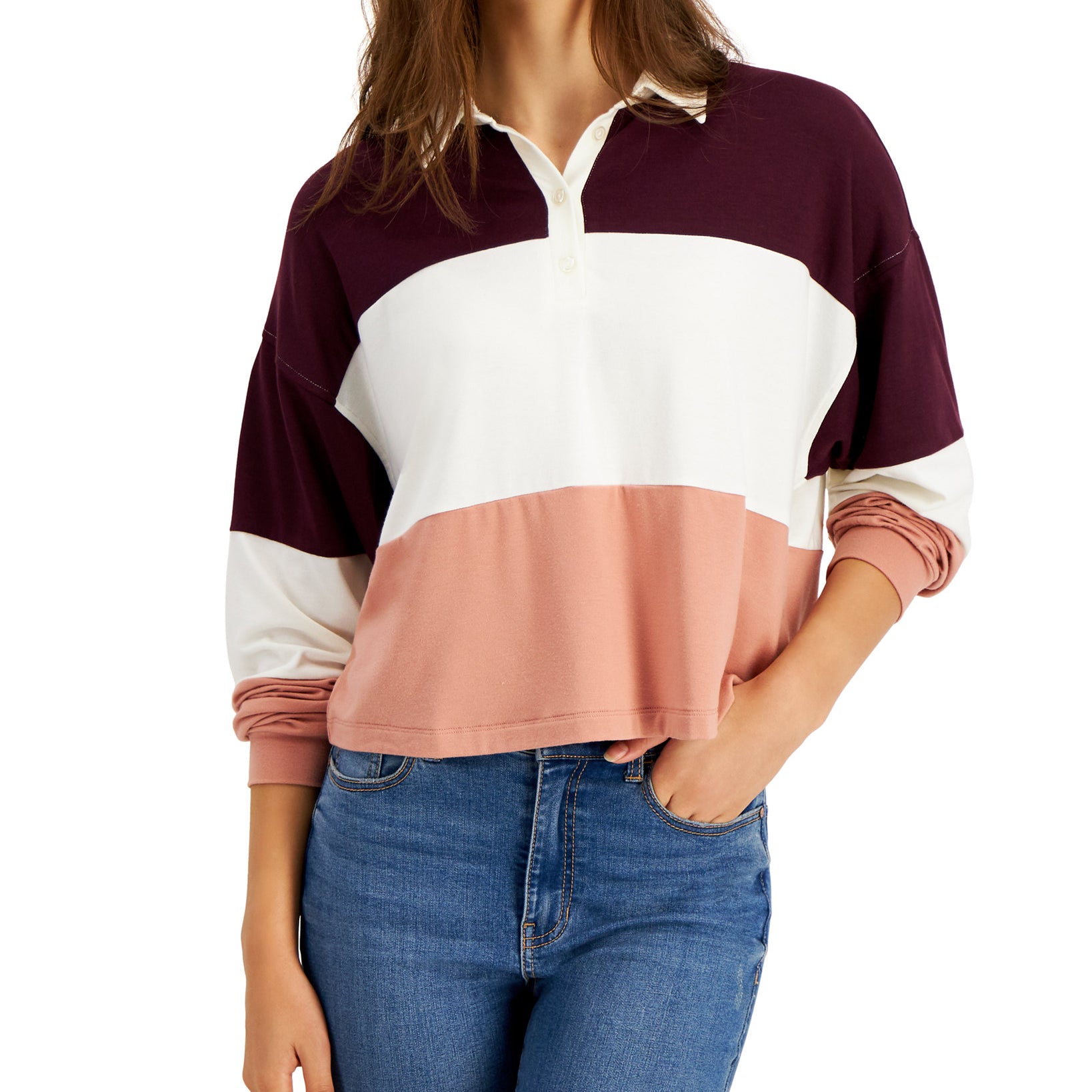 Self Esteem Women Colorblocked Rugby Henley Top Wine