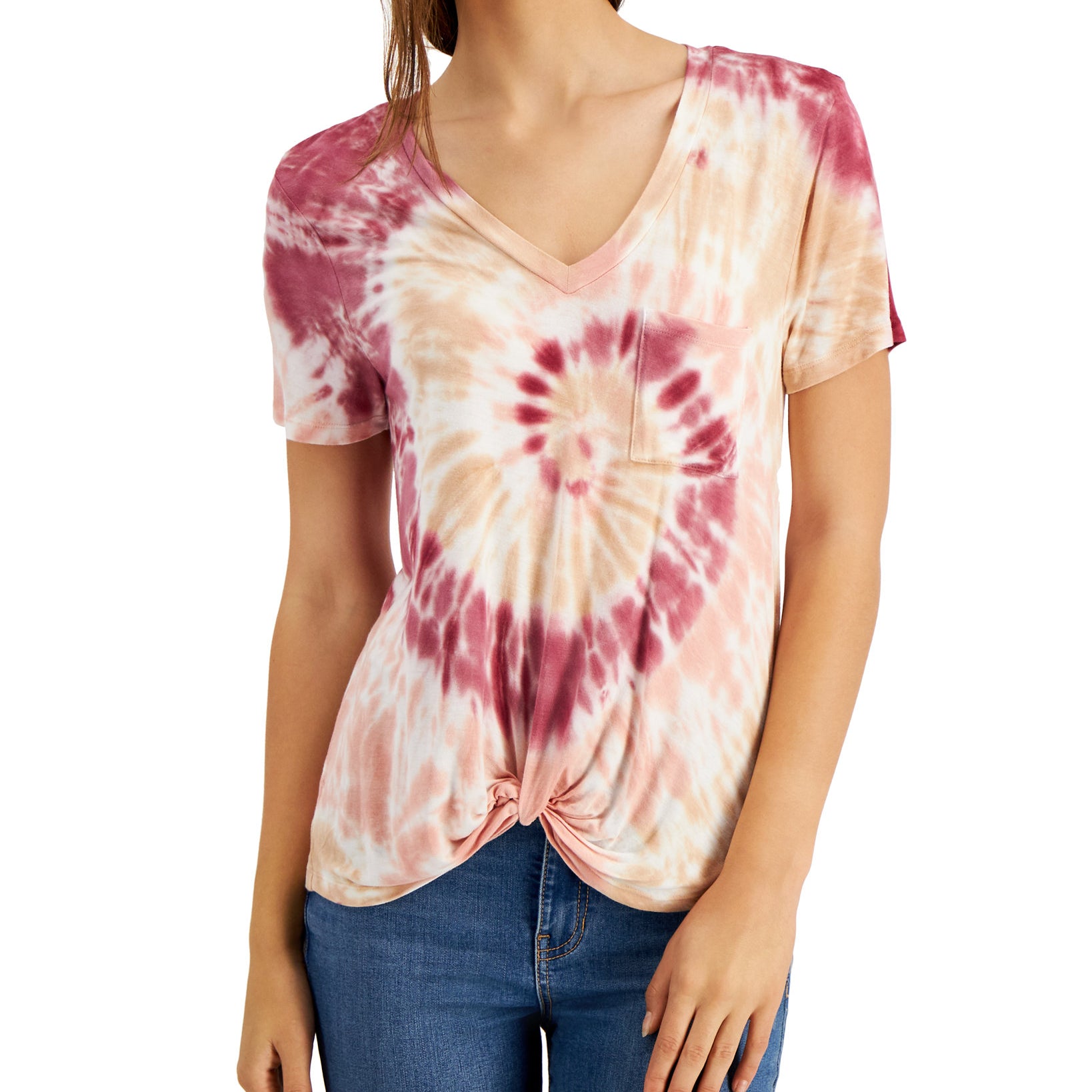Self Esteem Women Tie Dyed Twist Front T Shirt Dawn Wine