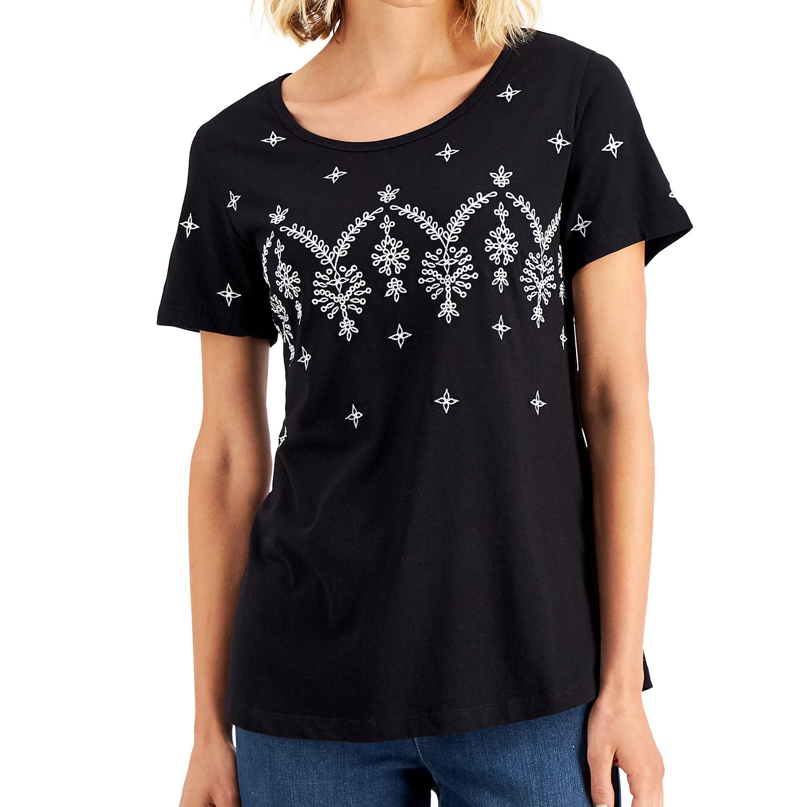 Karen Scott Women Embroidered Top Deep Black