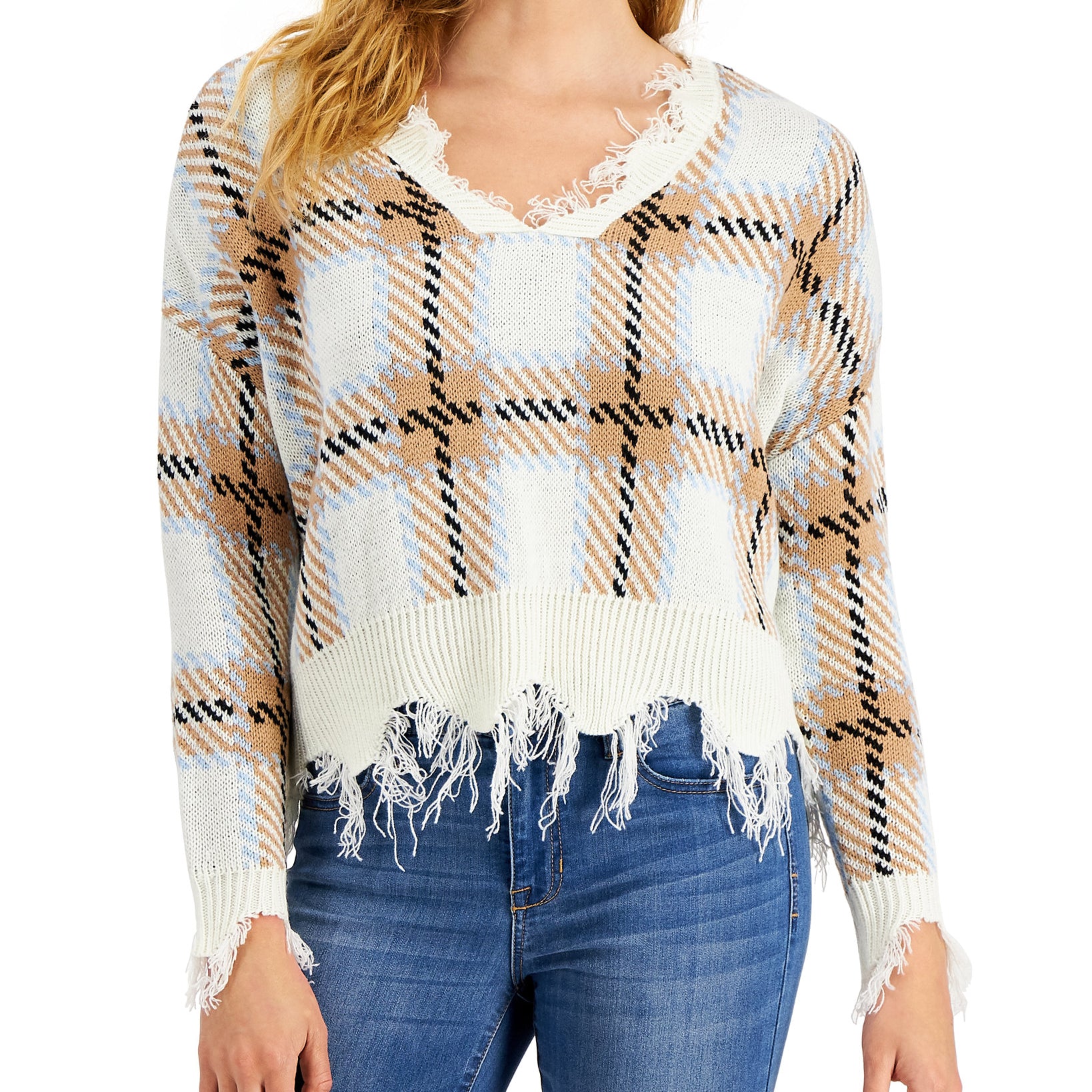Just Polly Women Distressed Plaid Sweater Light Blue Taupe