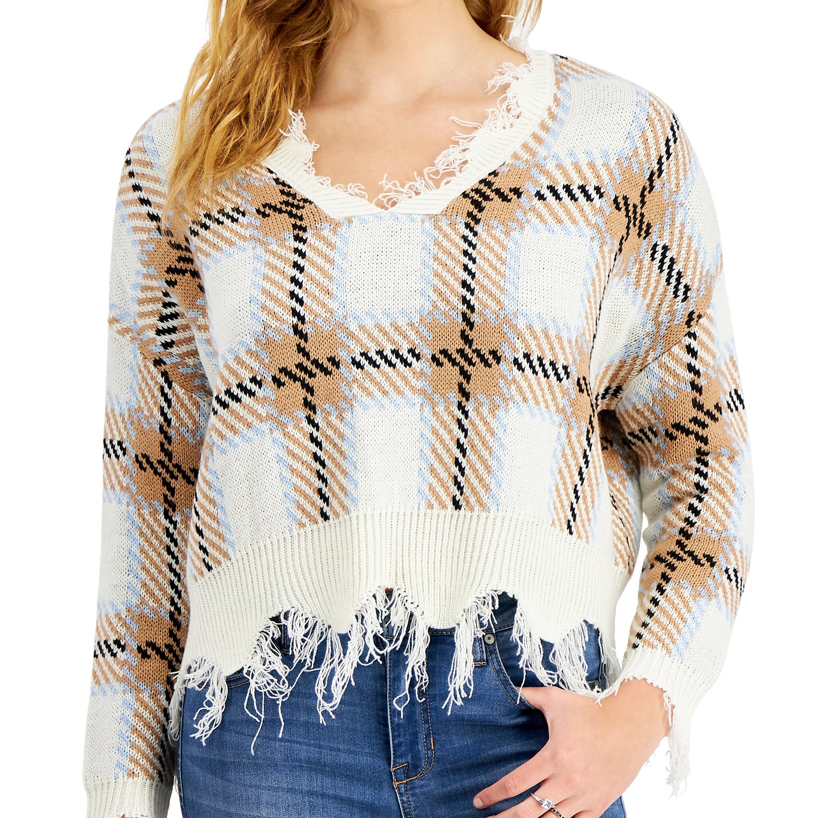 Just Polly Women Distressed Plaid Sweater