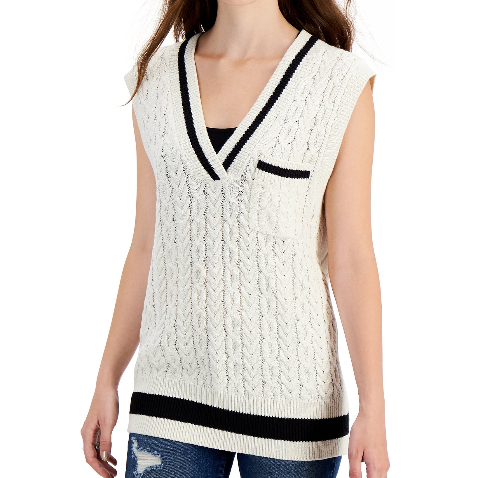 Hooked Up by IOT Women Cable Knit Sweater Vest Cream Black