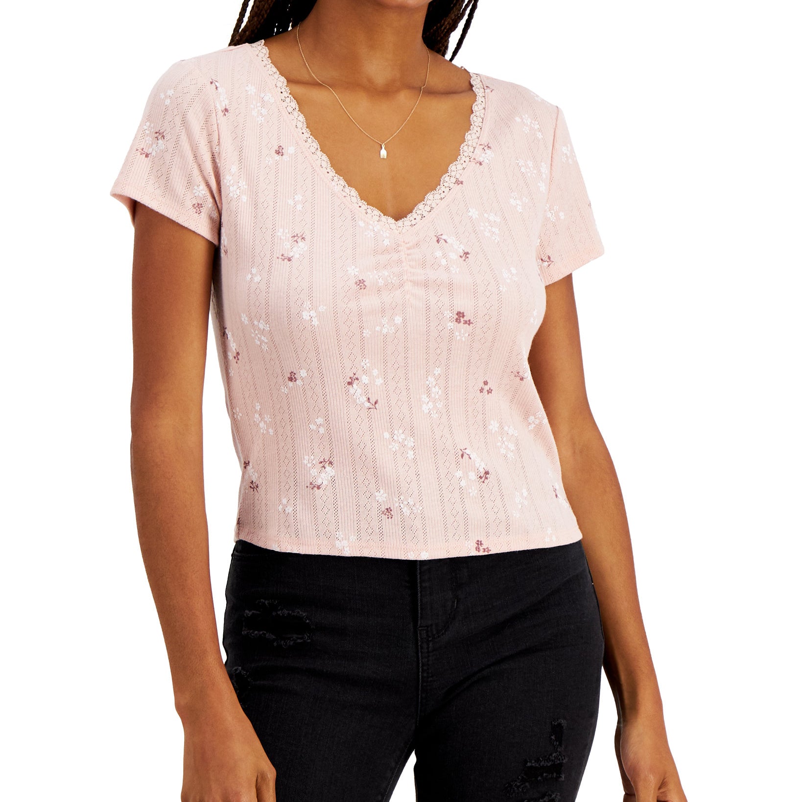 Pink Rose Women Printed Pointelle T Shirt Sweet Rose Ditsy