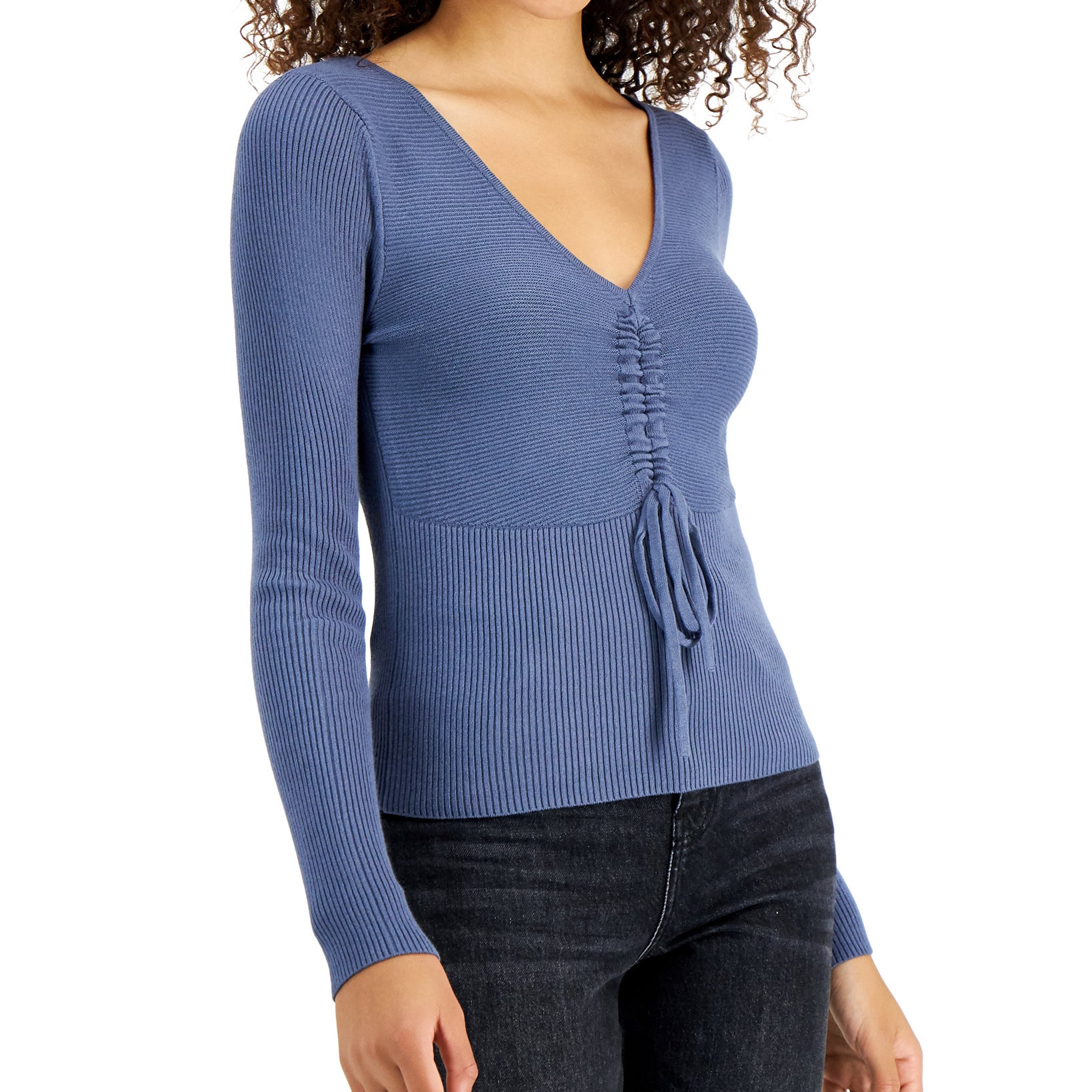 Sugar Moon Women Cinched Ribbed Knit Sweater China Blue