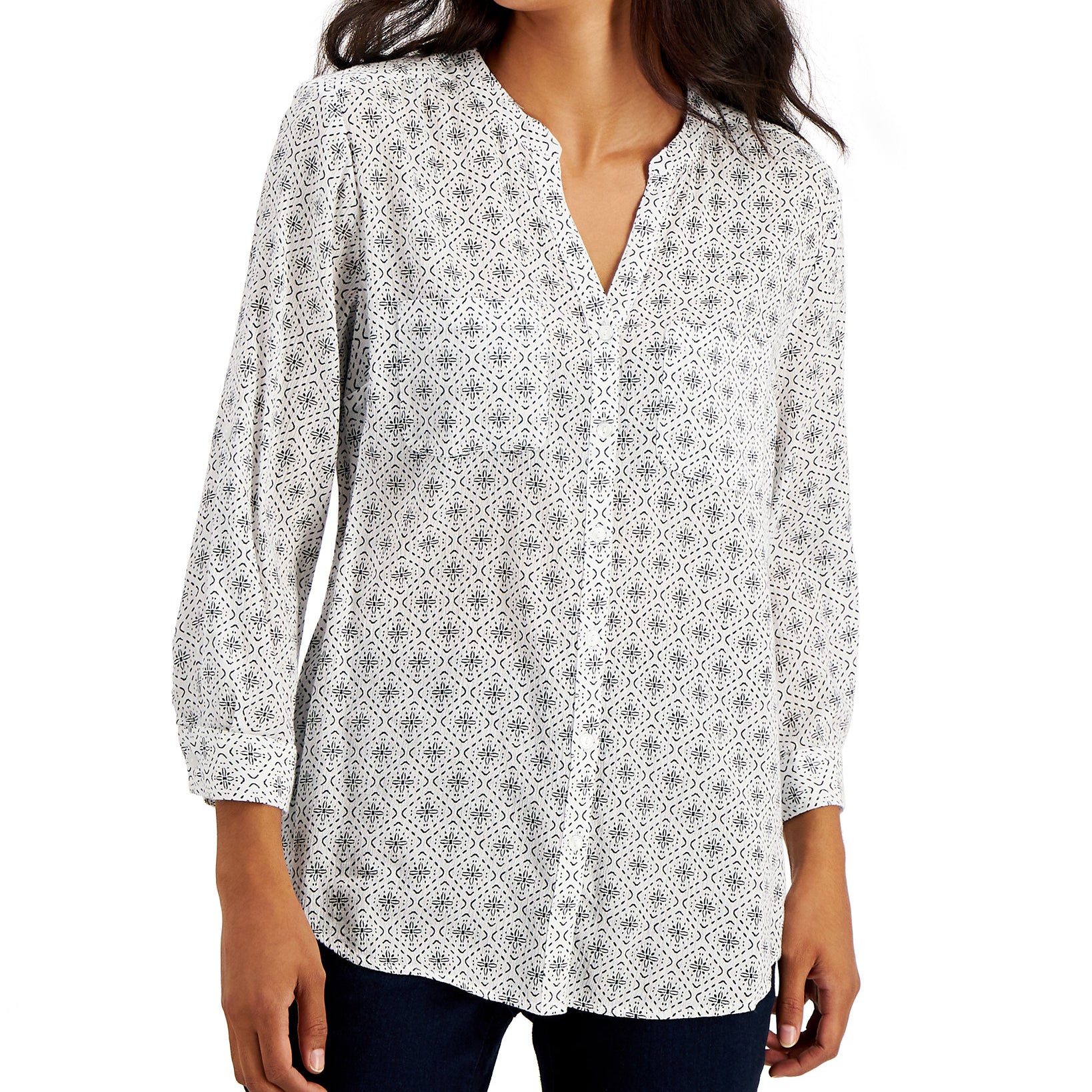 Charter Club Women Cotton Printed Tab Sleeve Shirt Bright White Combo