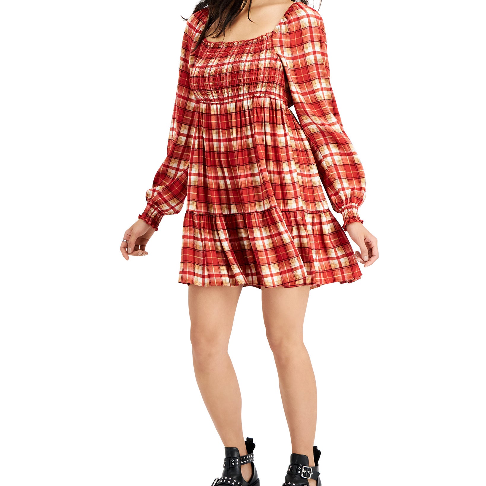 Love, Fire Women Smocked Tiered Dress Red Plaid