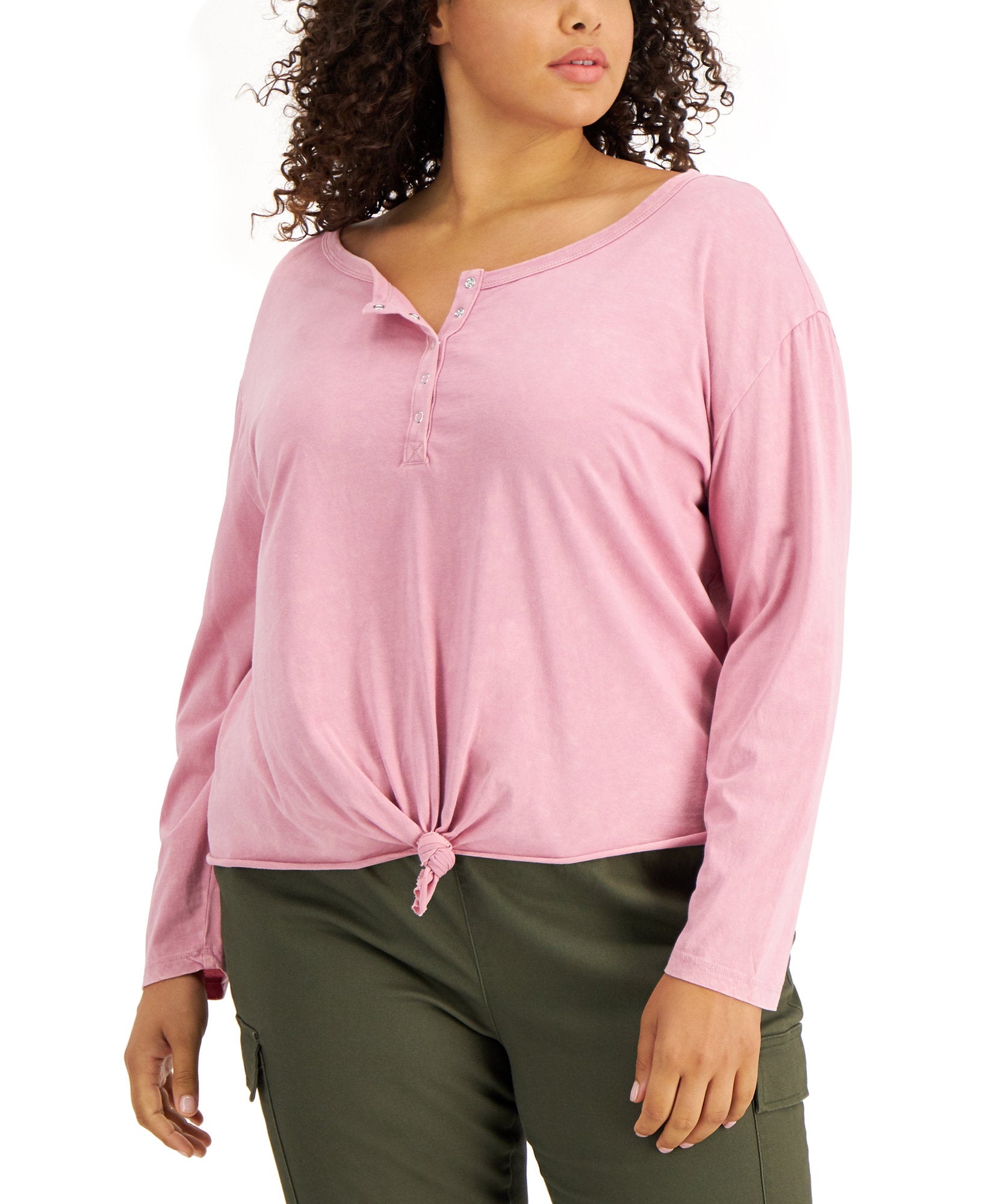 Rebellious One Women Plus Tie Hem Henley Lilas