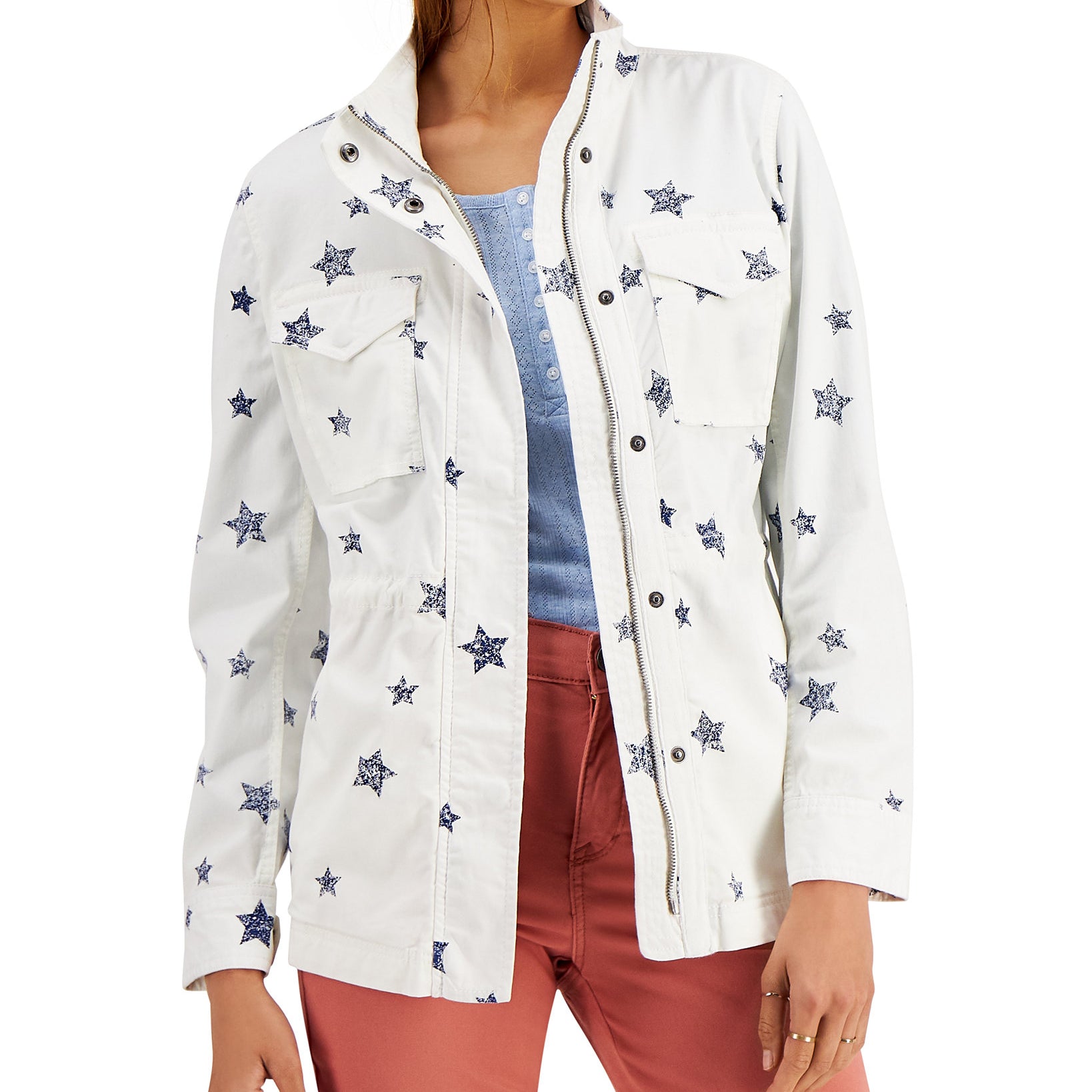 Style & Co Women Printed Twill Zip Front Jacket Bright White