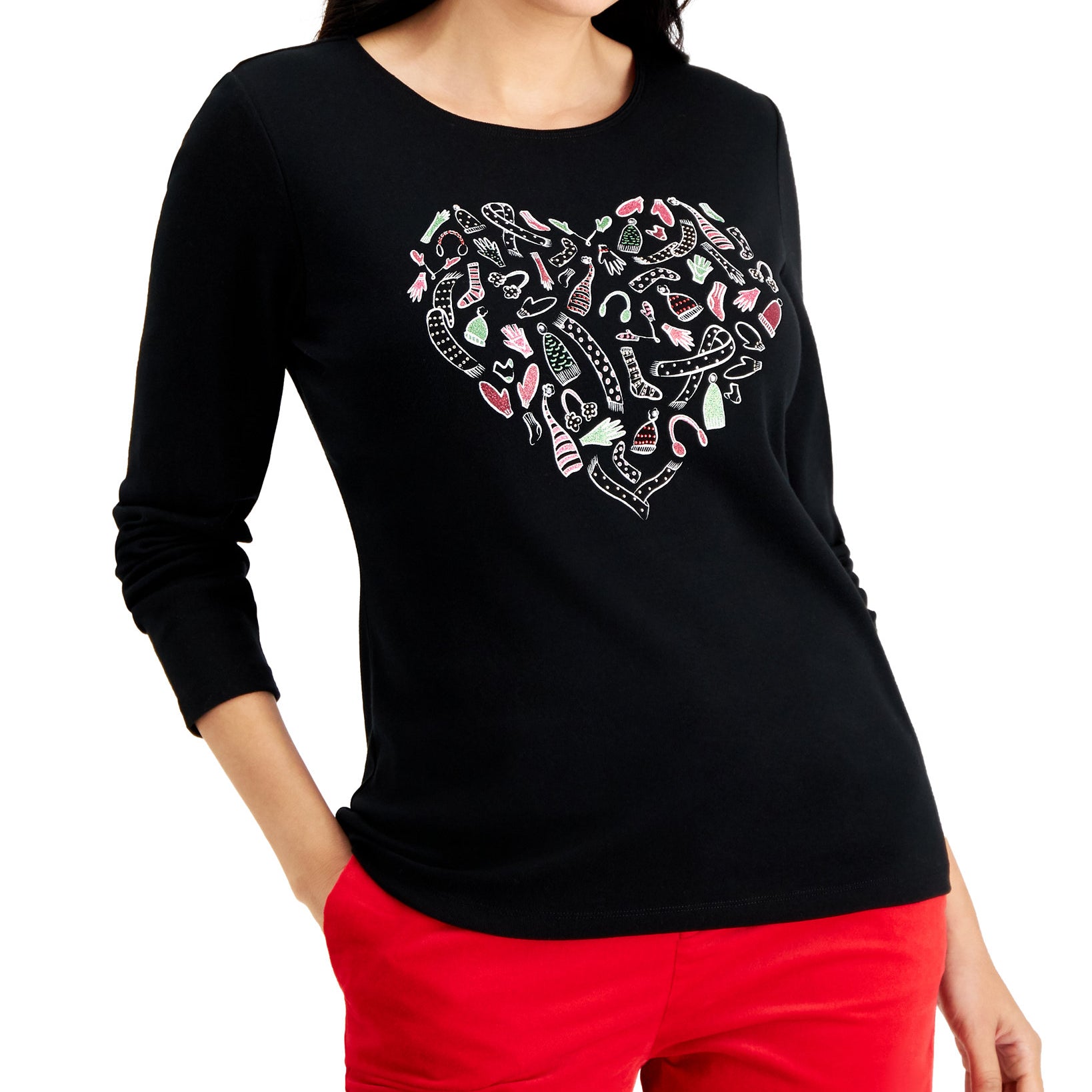 Karen Scott Women Embellished Heart Top Deep Black