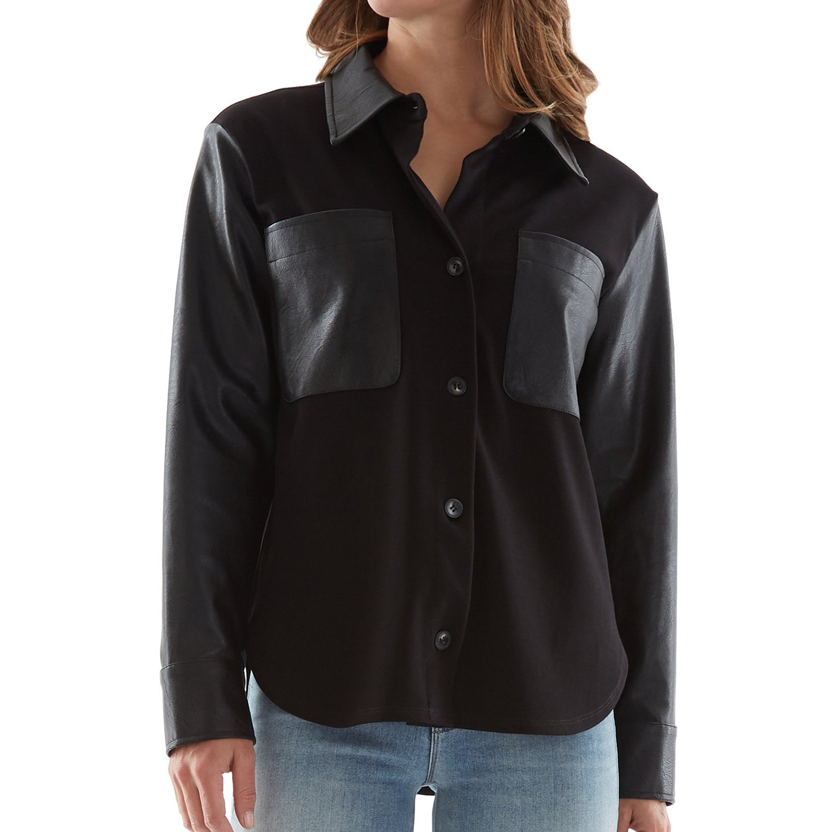 BCX Women Faux Leather Detail Collared Shirt Black
