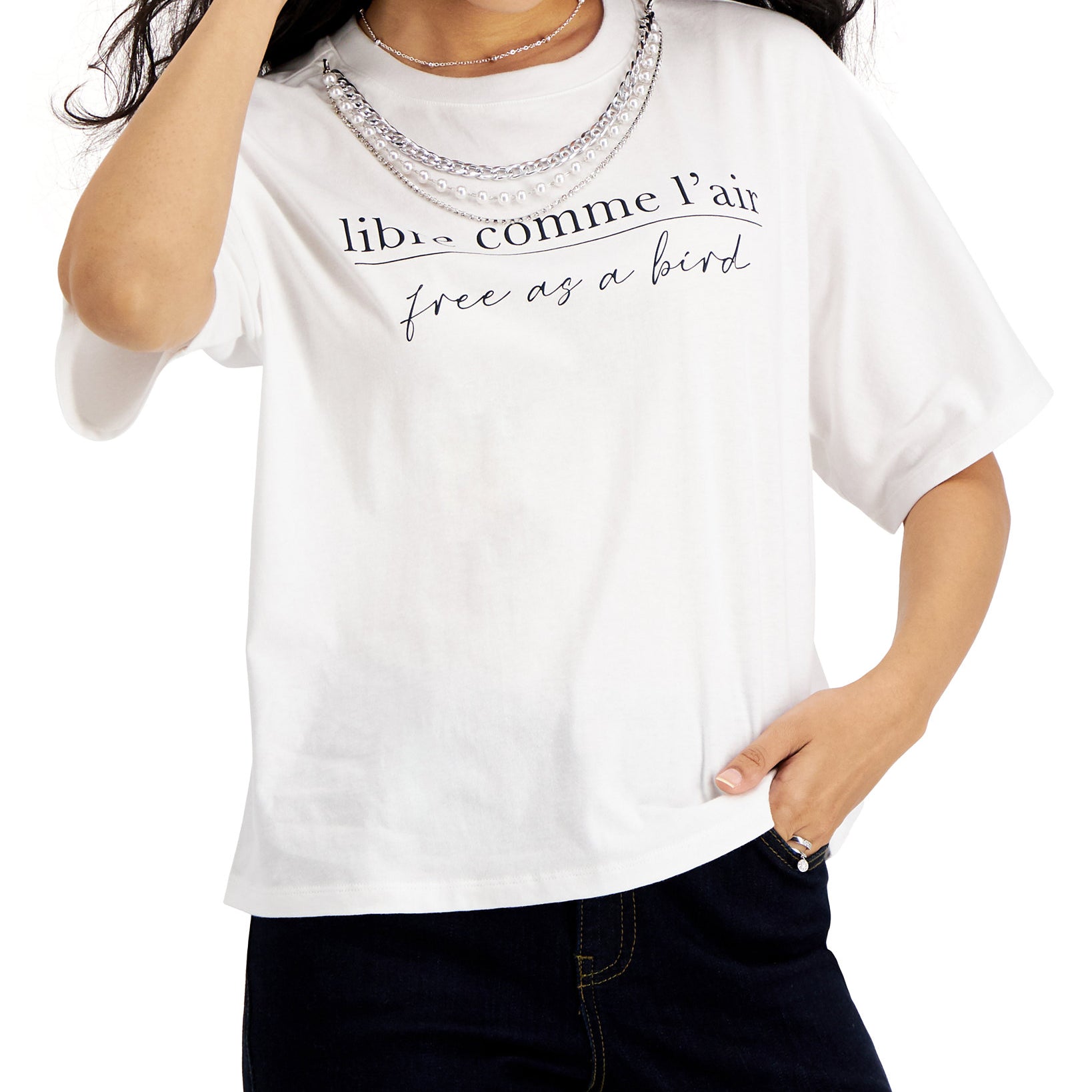 INC International Concepts Women Petite Cotton Necklace T Shirt Bright White