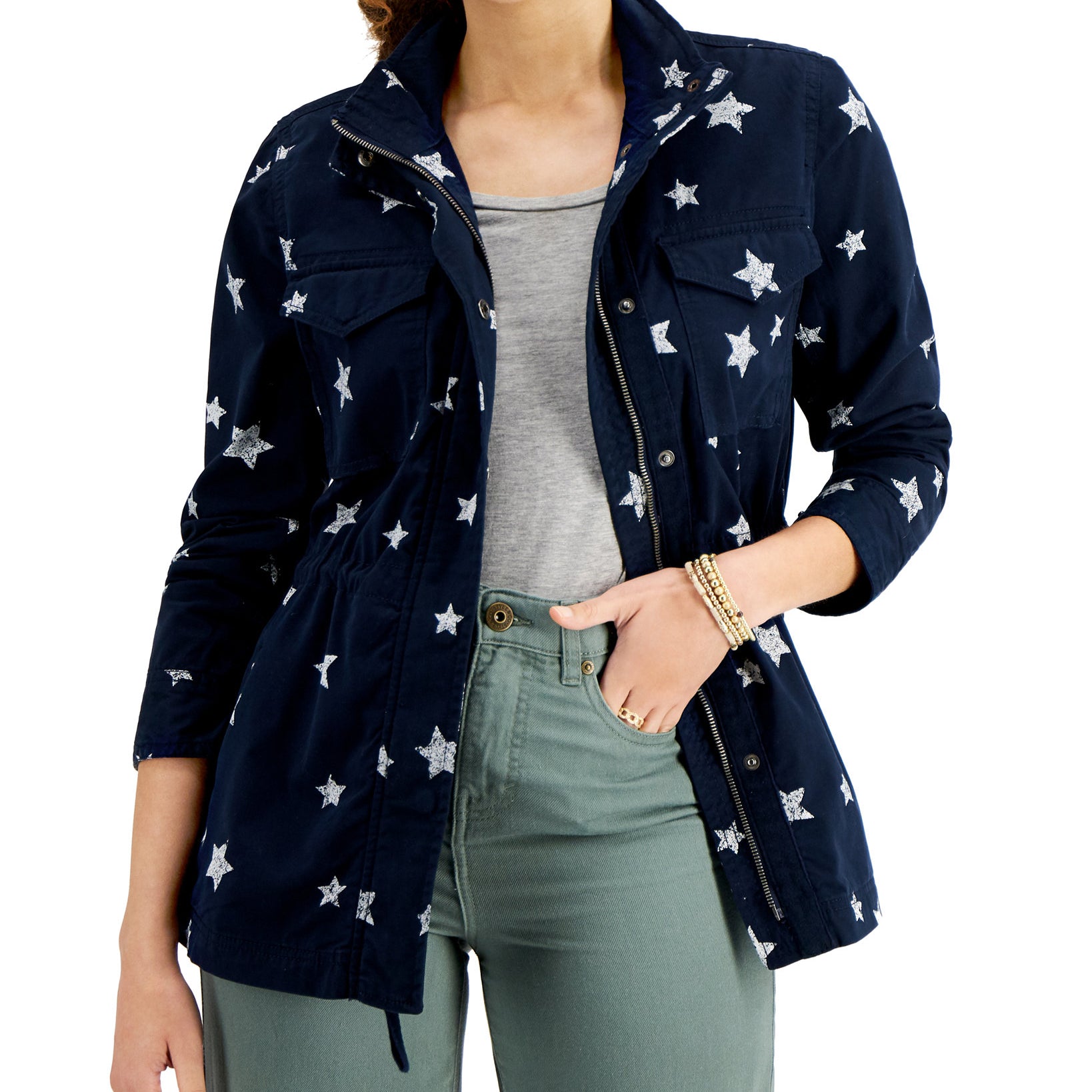 Style & Co Women Printed Twill Zip Front Jacket Industrial Blue