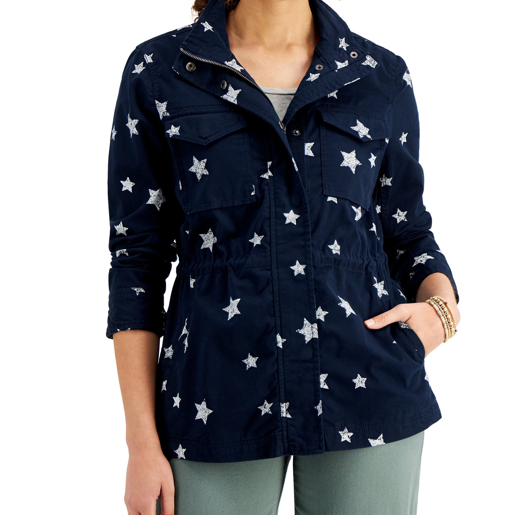 Style & Co Women Printed Twill Zip Front Jacket