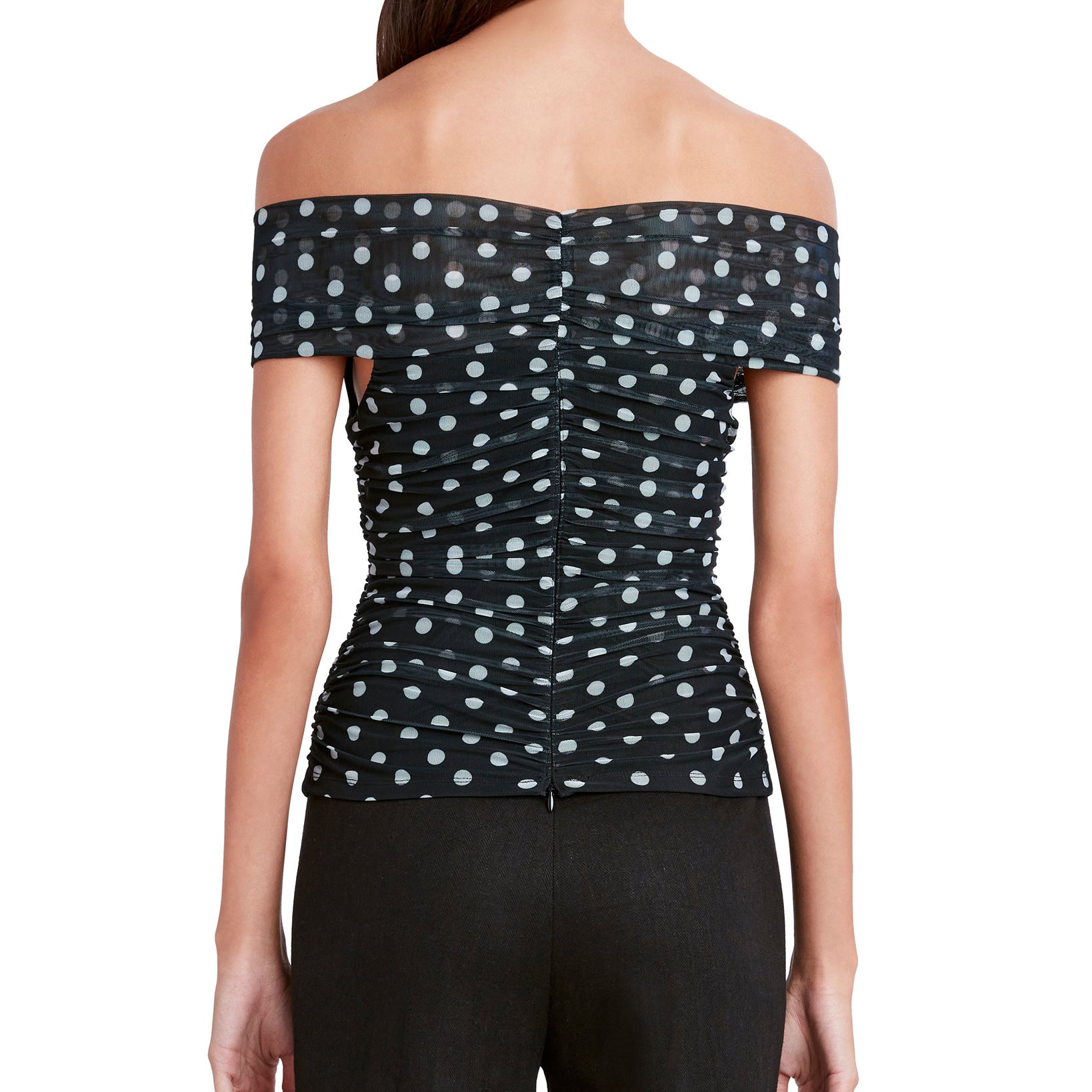 BCBGMAXAZRIA Women Sweetheart Off The Shoulder Mesh Dot Blouse
