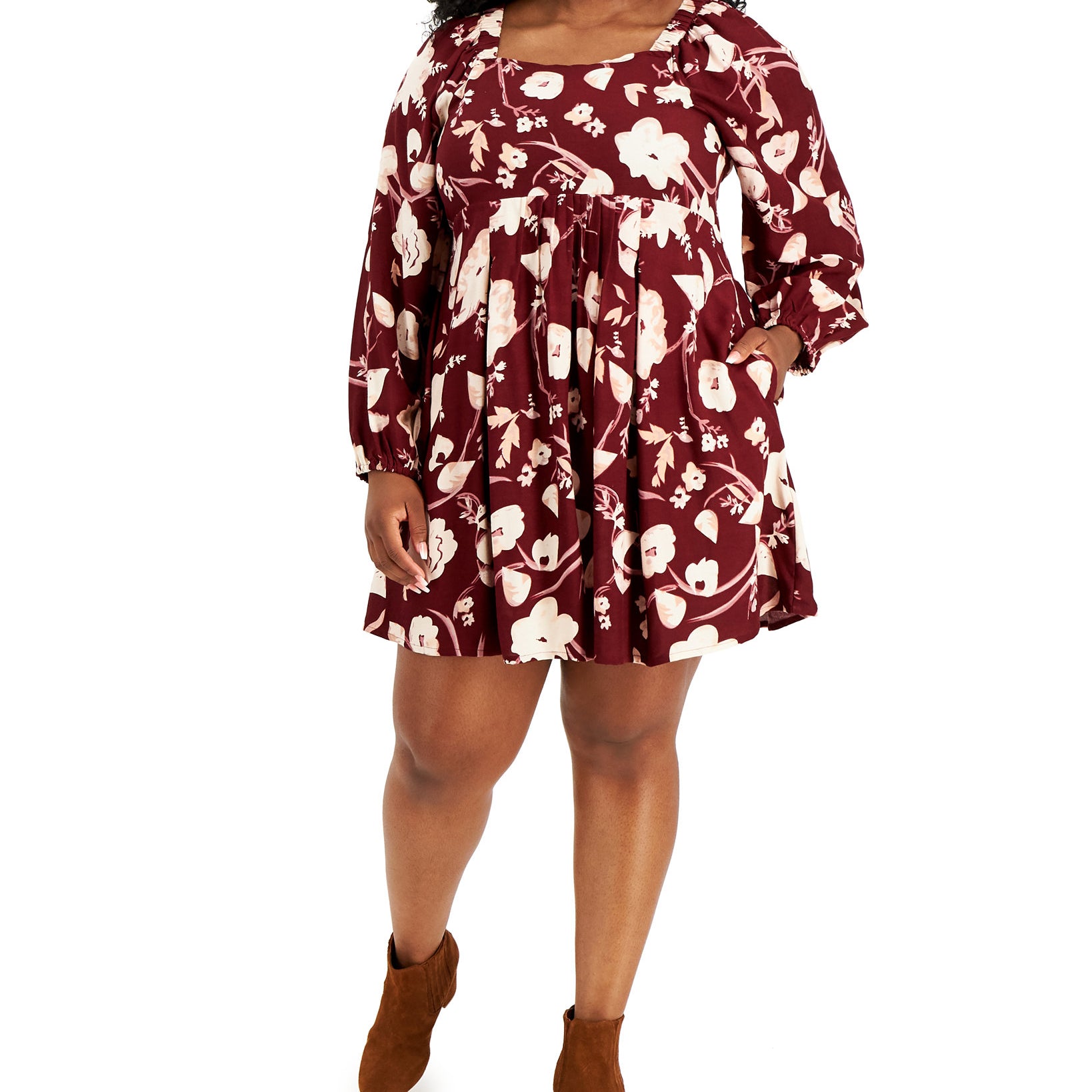 FULL CIRCLE TRENDS Women Plus Trendy Printed Fit Flare Dress Chalk Floral Zinfandel