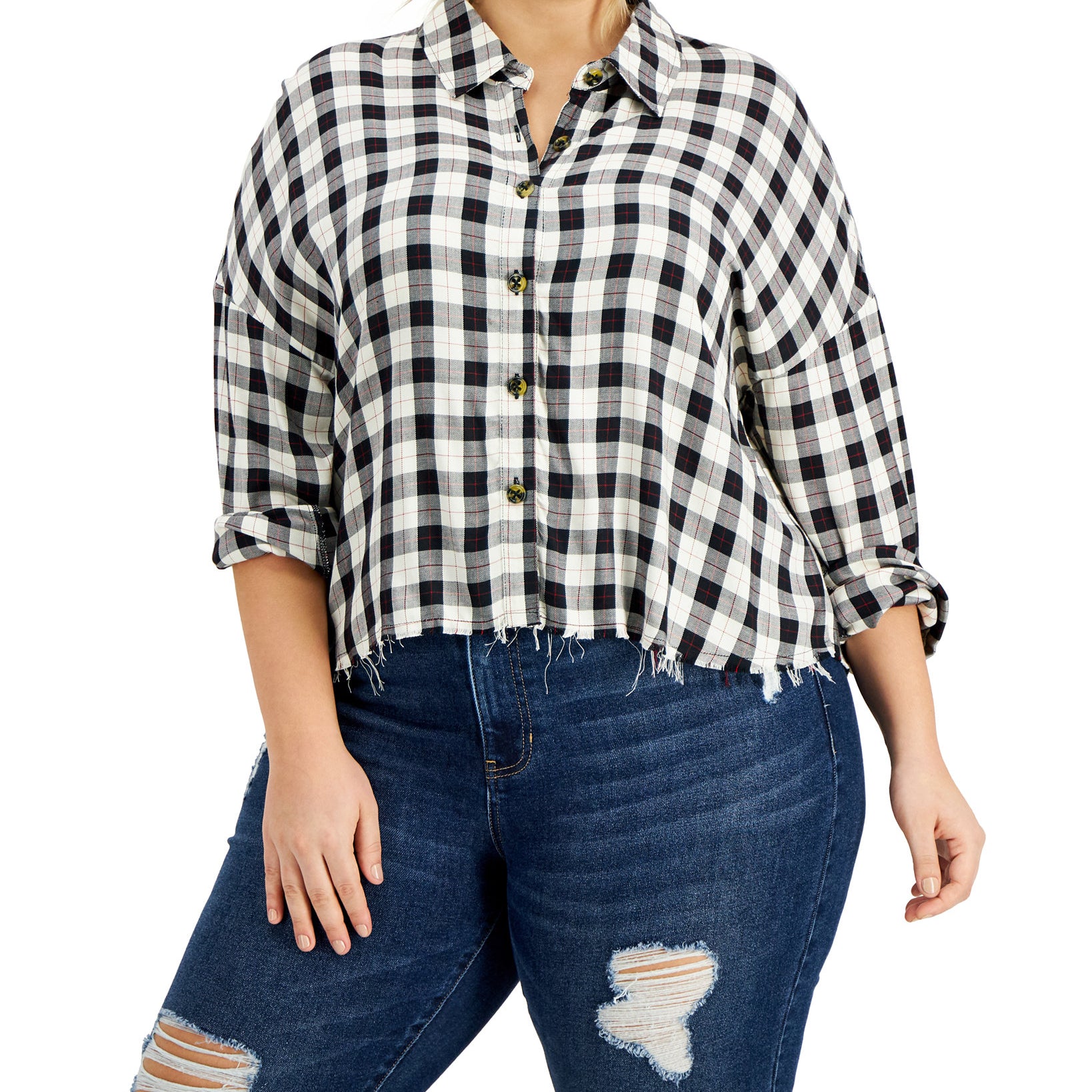 Love, Fire Women Plus Raw Hem Plaid Button Down Top Black White Plaid