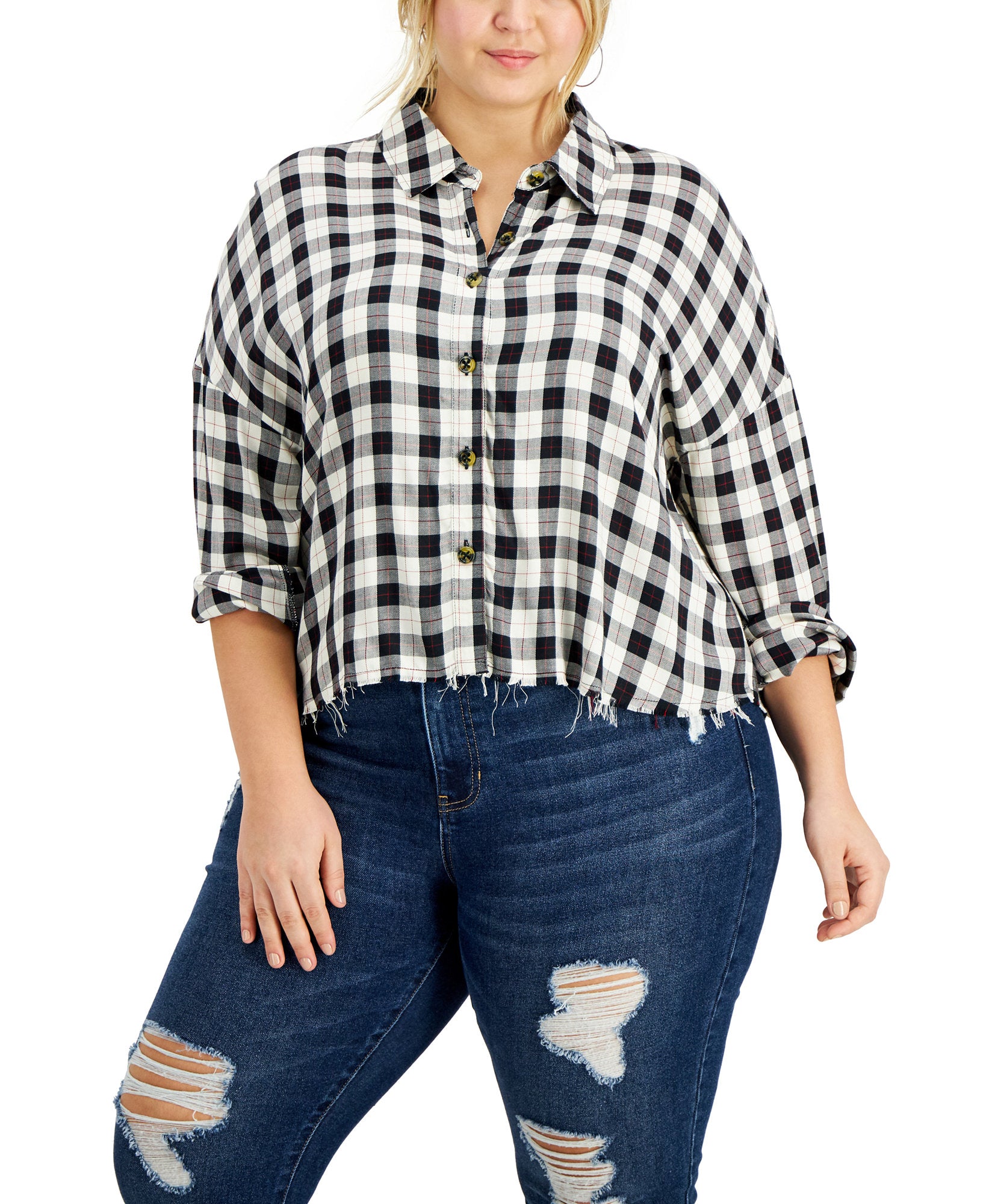 Love, Fire Women Plus Raw Hem Plaid Button Down Top Black White Plaid