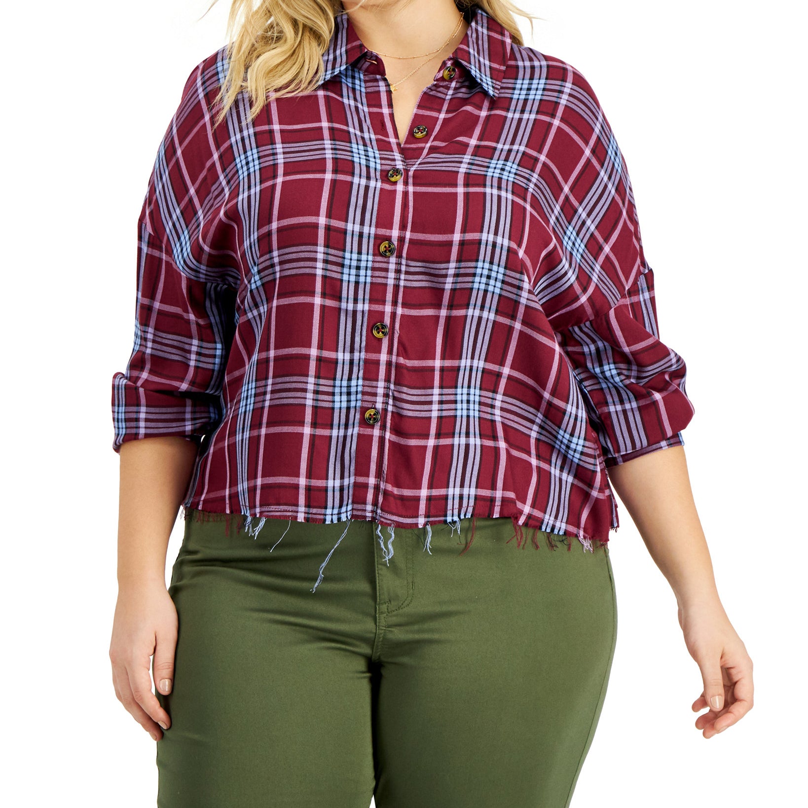 Love, Fire Women Plus Raw Hem Plaid Button Down Top Burgundy Plaid